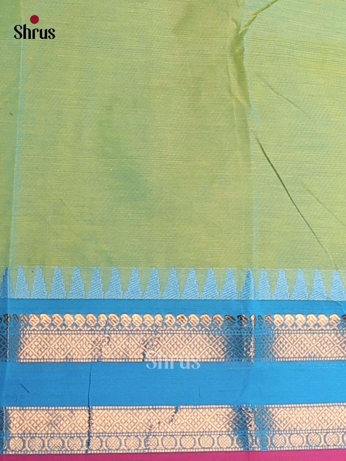 Breezy Pista Green Chettinad Cotton Saree with Blue Rettaipet Zari - Shop on Shrus.com