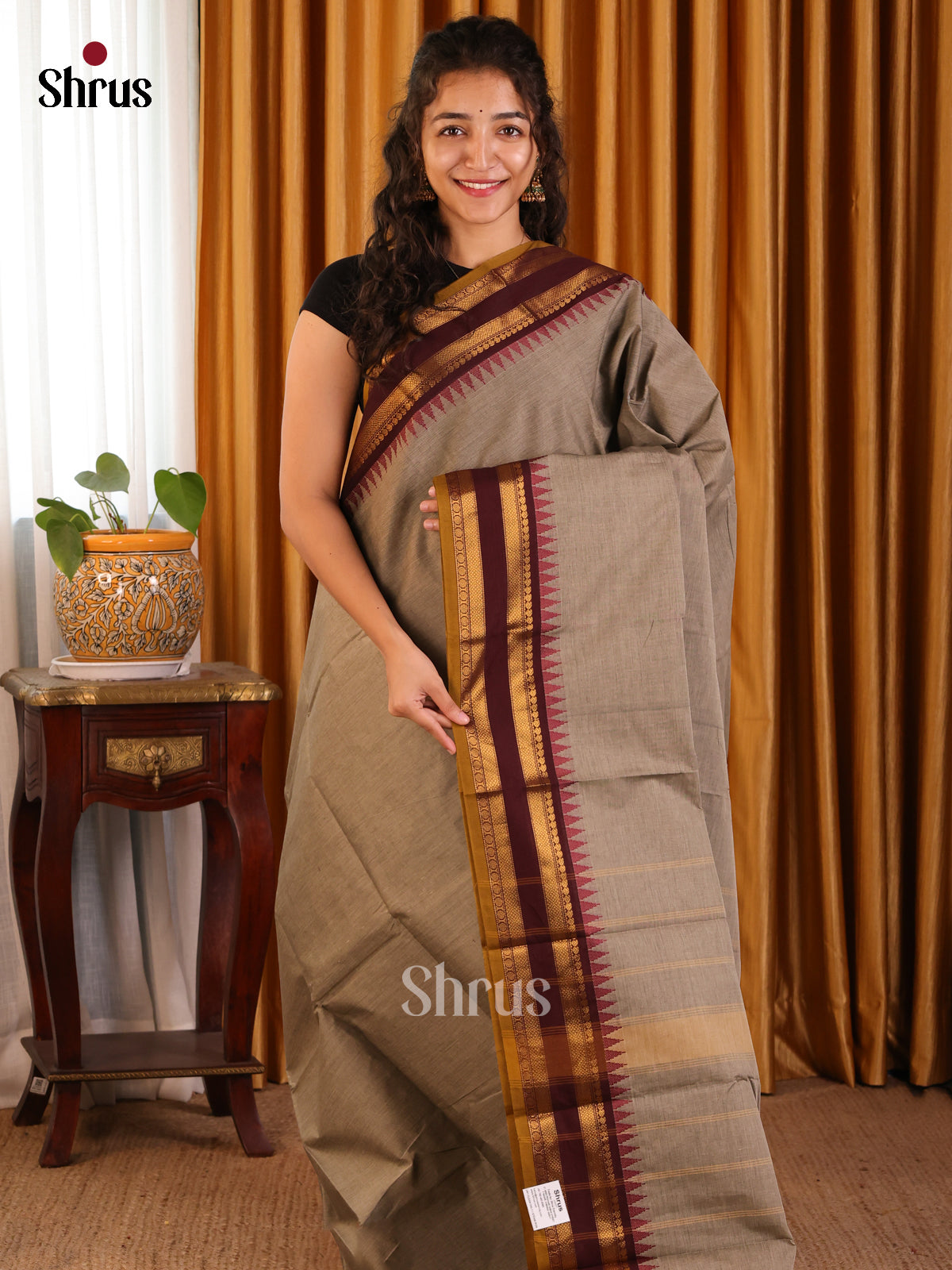 Classy Grey Chettinad Cotton with Maroon Zari Woven Border - Shop on Shrus.com