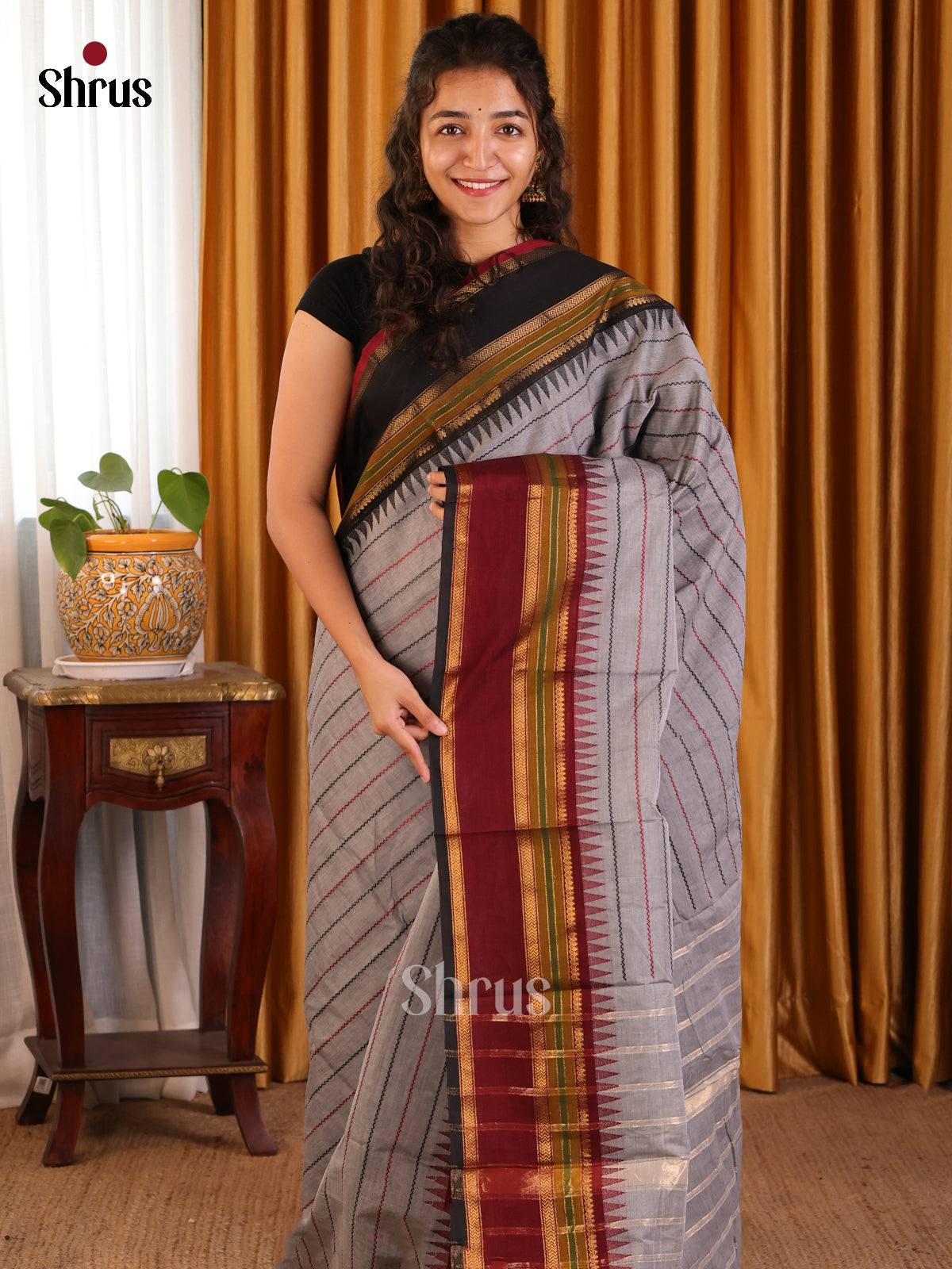 Elegant Grey Chettinad Cotton with Maroon & Black Ganga Jamuna Zari - Shop on Shrus.com