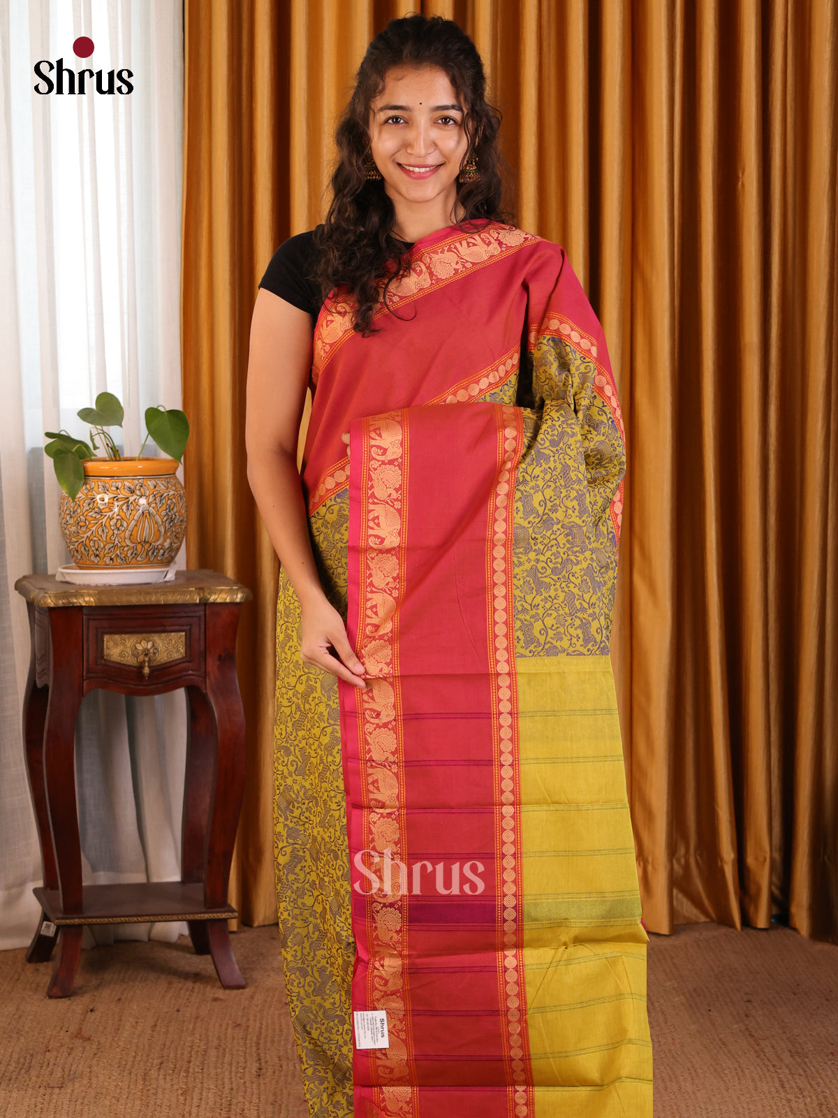 Elegant Mustardy Green Chettinad Cotton Saree with Orange Zari Border - Shop on Shrus.com