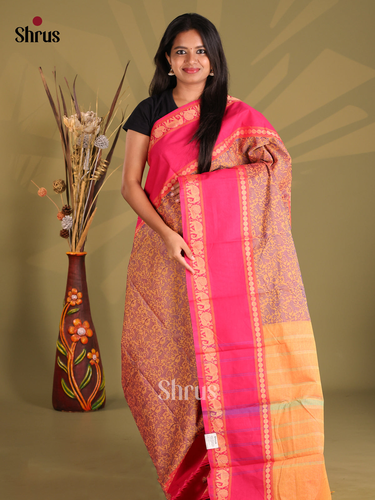 Orange & Pink - Chettinad Cotton Saree - Shop on Shrus.com