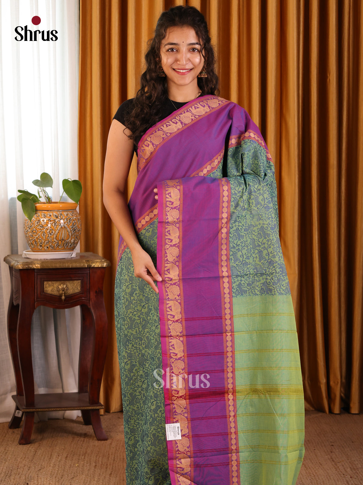 Serene Green Chettinad Cotton Saree with Vanashingaram Design & Purple Zari Border - Shop on Shrus.com