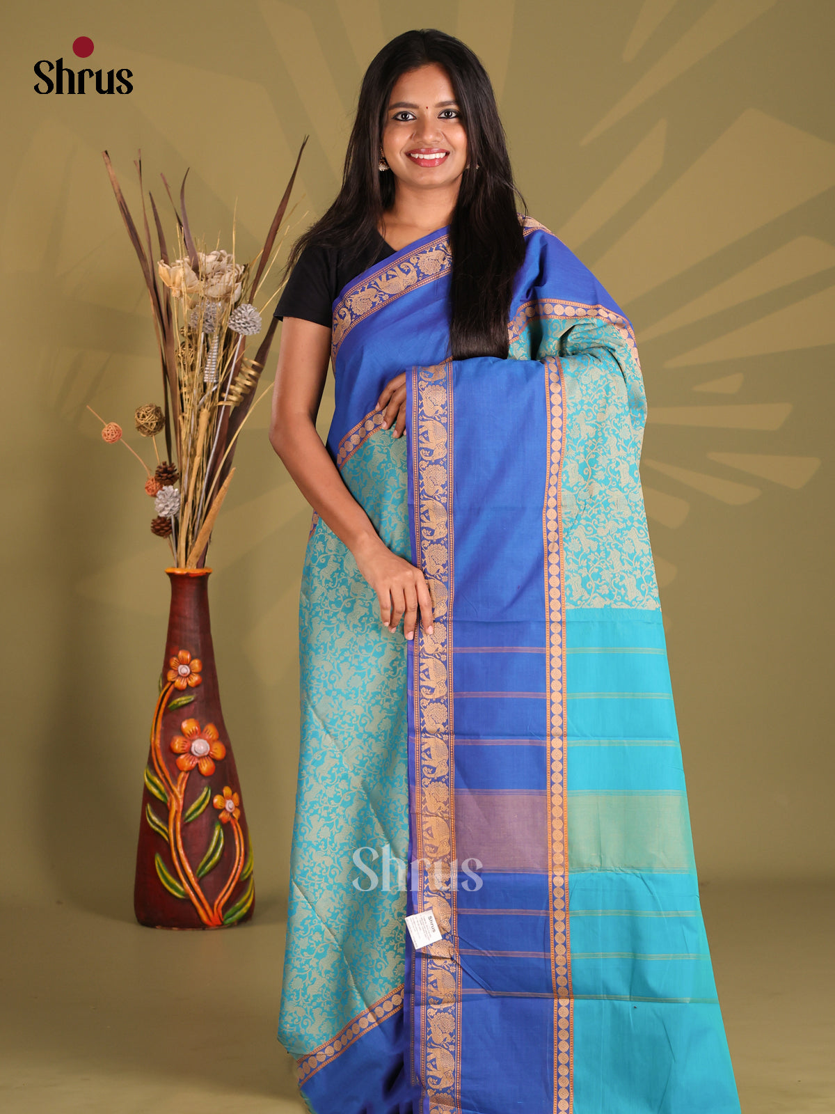 Light Blue & Blue - Chettinad Cotton Saree - Shop on Shrus.com