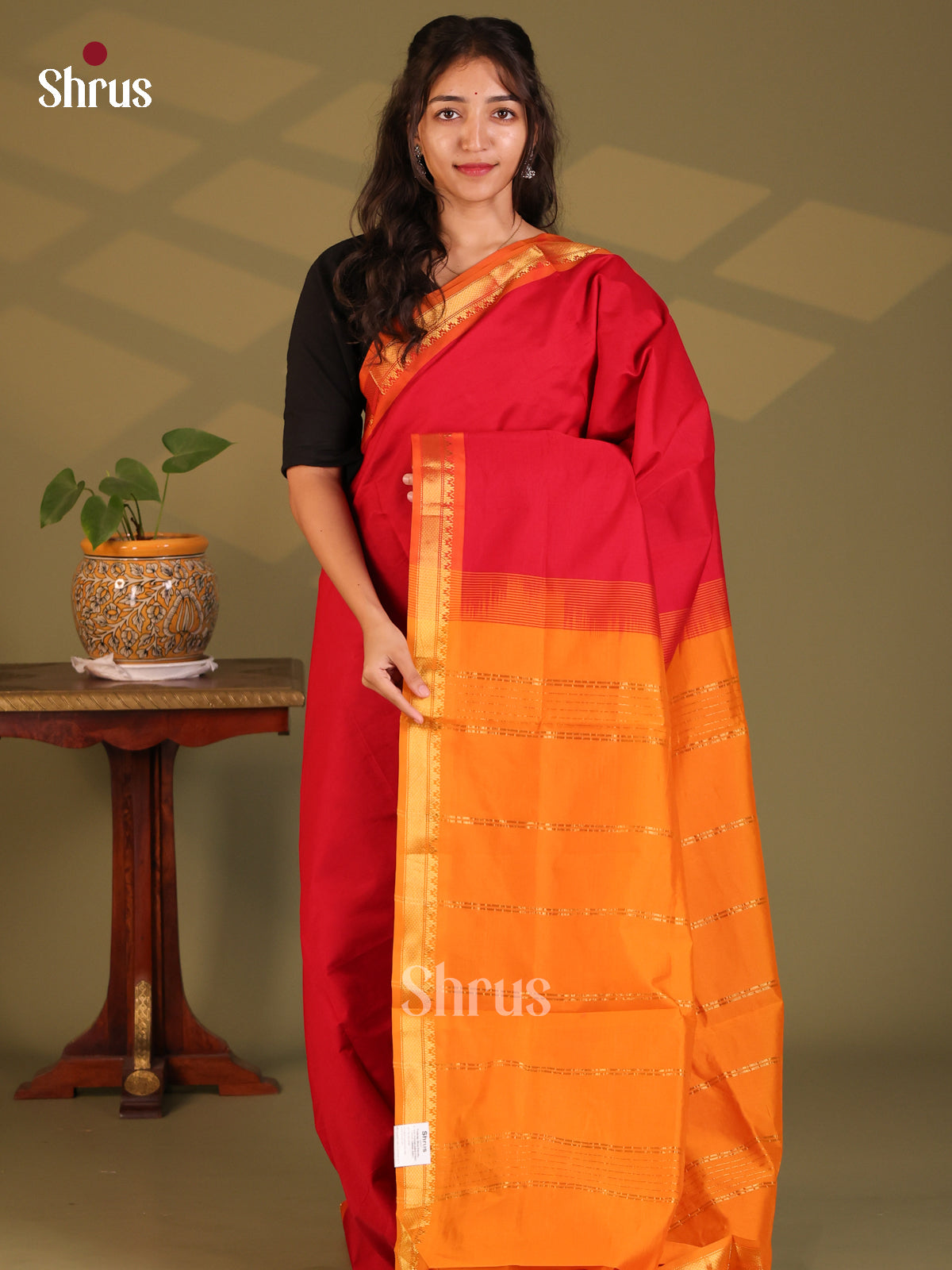 Red with Orange- Silkcotton-halfpure Saree - Shop on Shrus.com