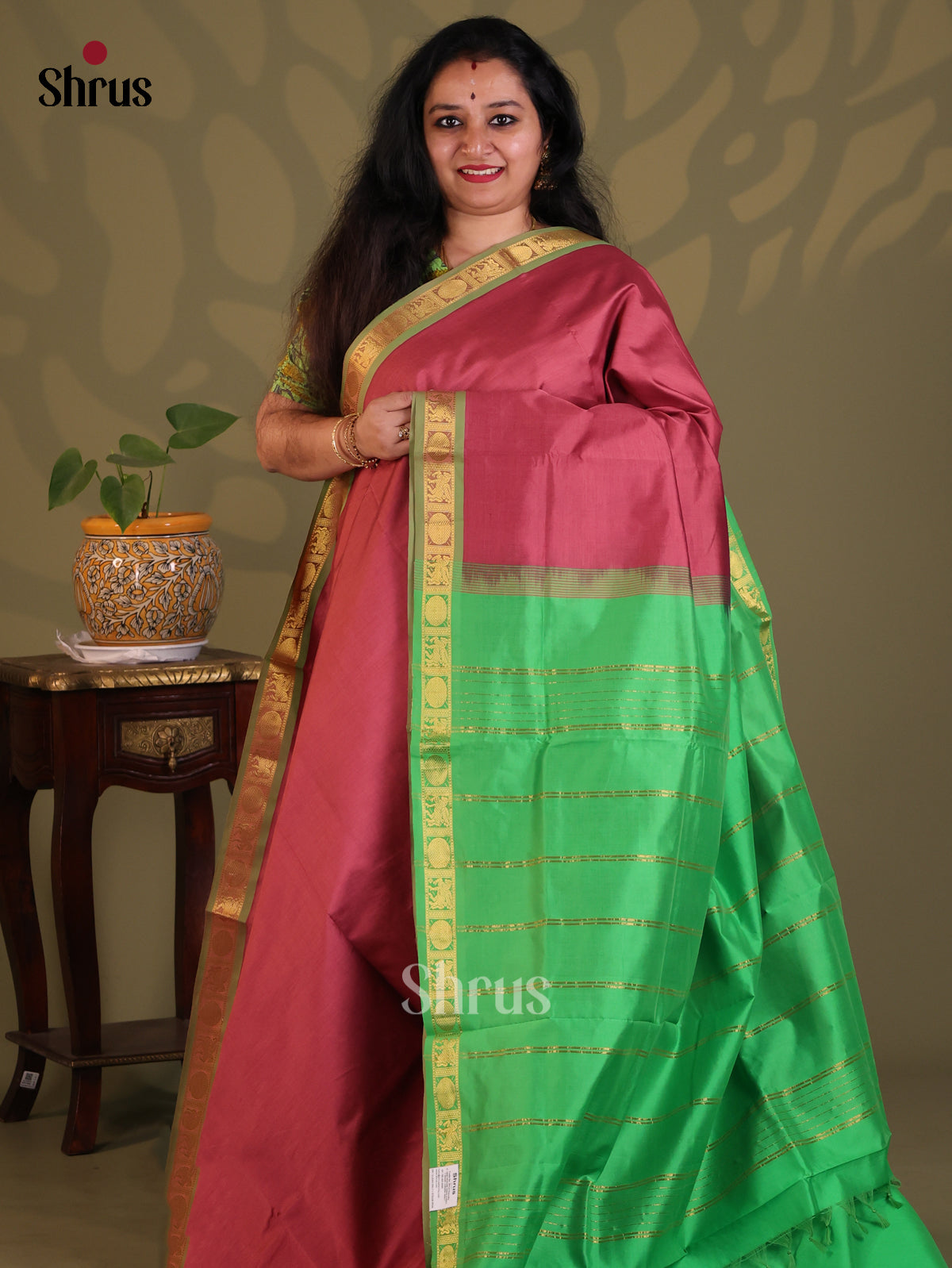 Maroon with Green - Silkcotton-halfpure Saree - Shop on Shrus.com