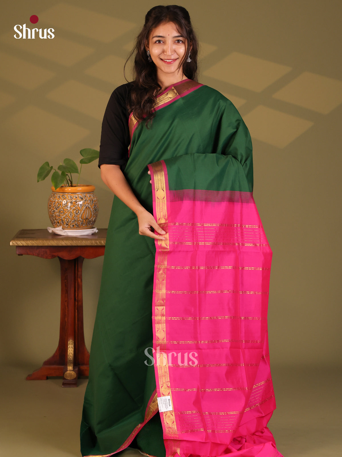 Bottle Green with Pink - Silkcotton-halfpure Saree - Shop on Shrus.com