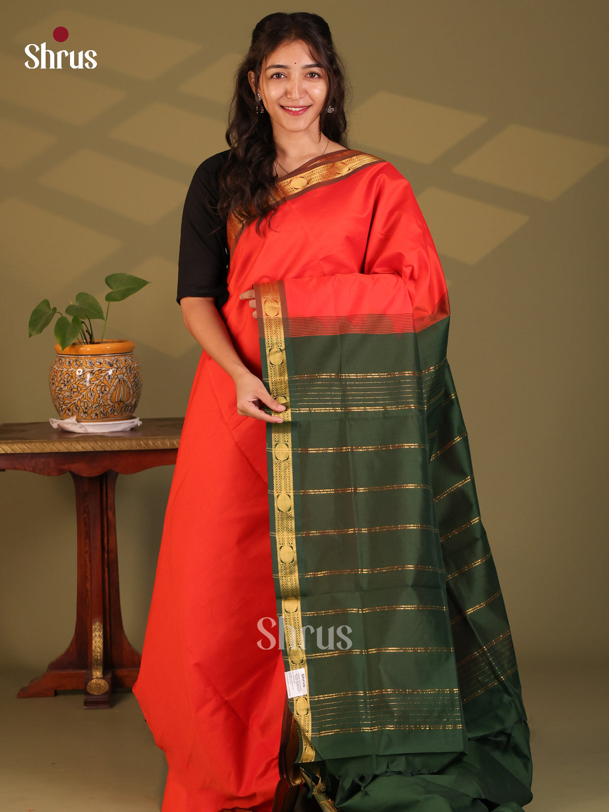 Orange with Green- Silkcotton-halfpure Saree - Shop on Shrus.com