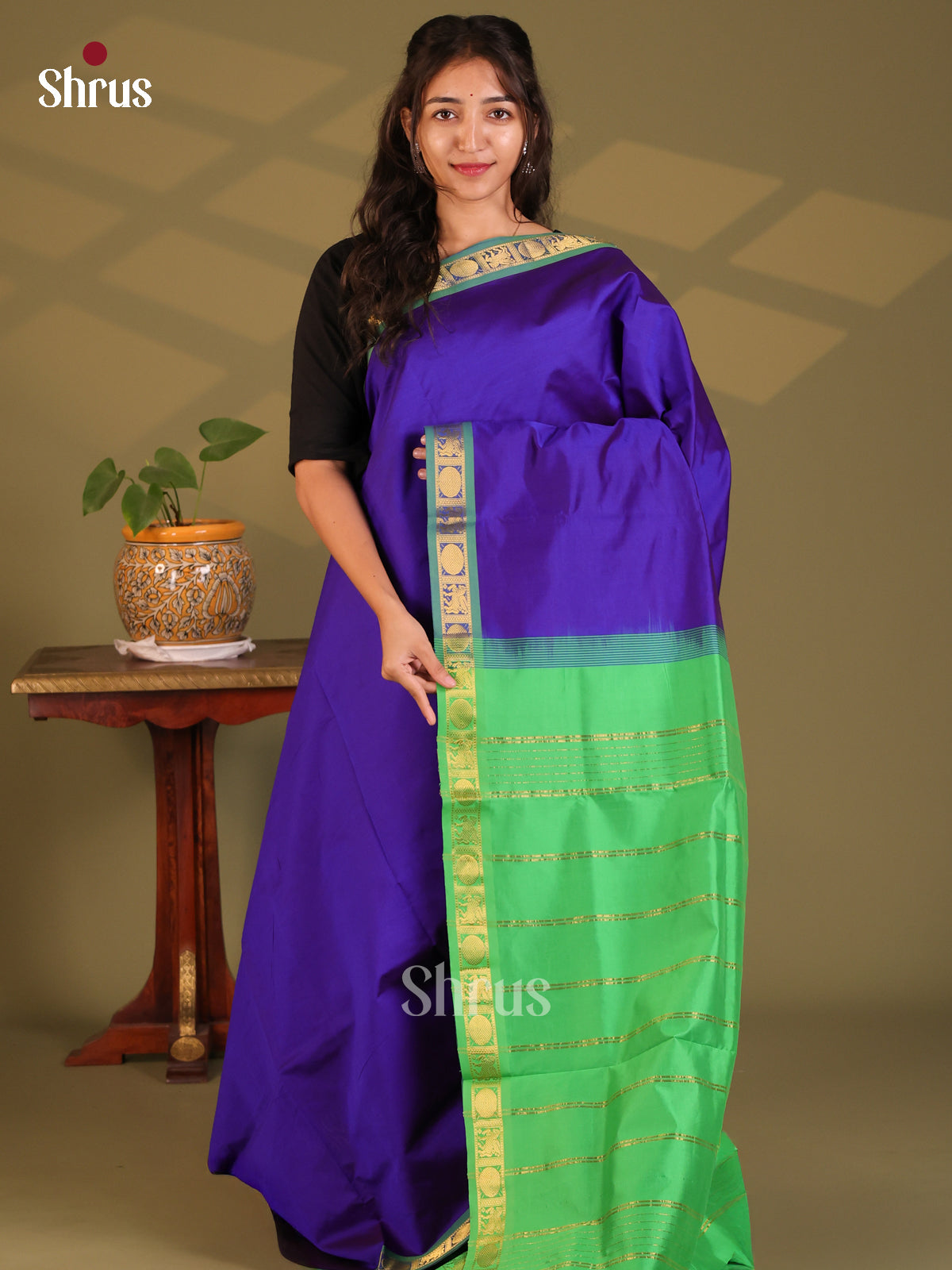 Blue with Green- Silkcotton-halfpure Saree - Shop on Shrus.com