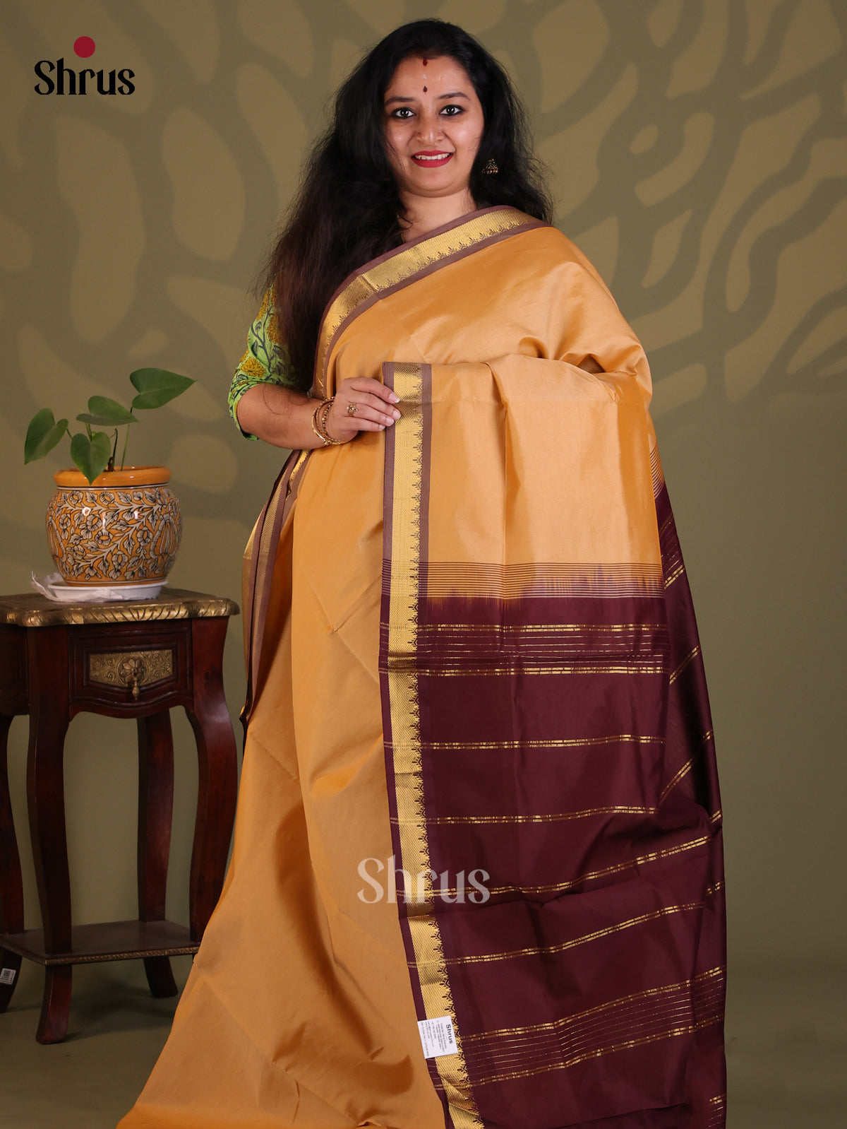Peach with Arakku Maroon- Silkcotton-halfpure Saree - Shop on Shrus.com