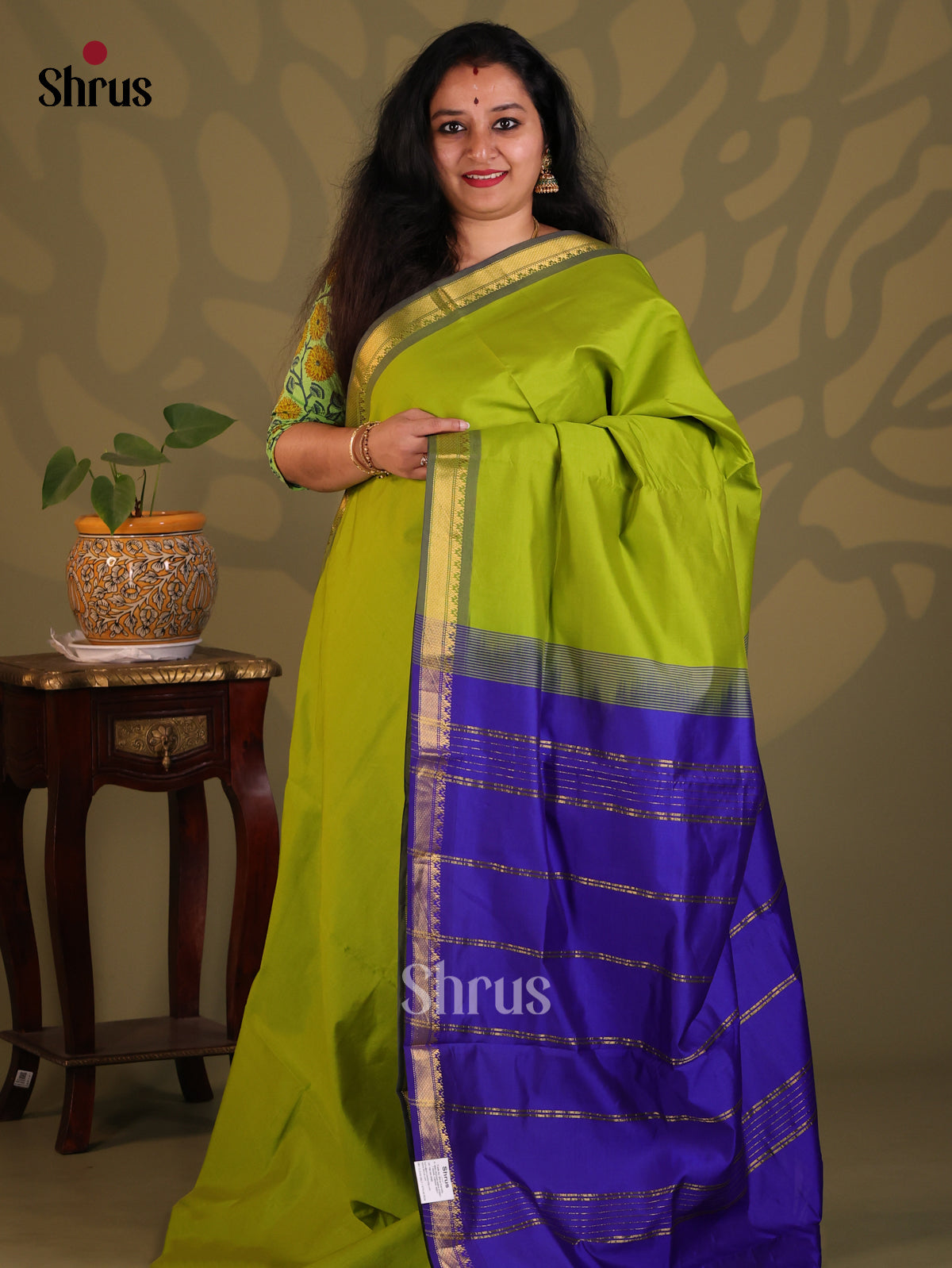 Lite Green with Blue - Silkcotton-halfpure Saree - Shop on Shrus.com