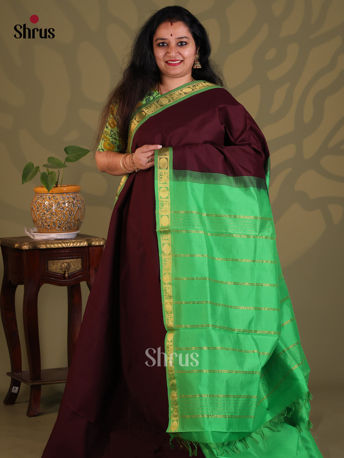 Brown & Green - Silkcotton-halfpure Saree - Shop on Shrus.com