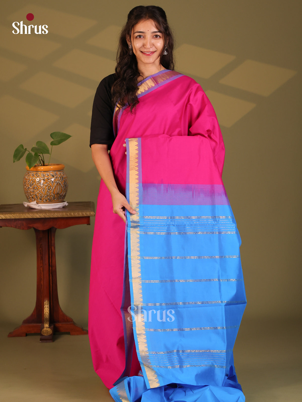 Pink with Blue - Silkcotton-halfpure Saree - Shop on Shrus.com