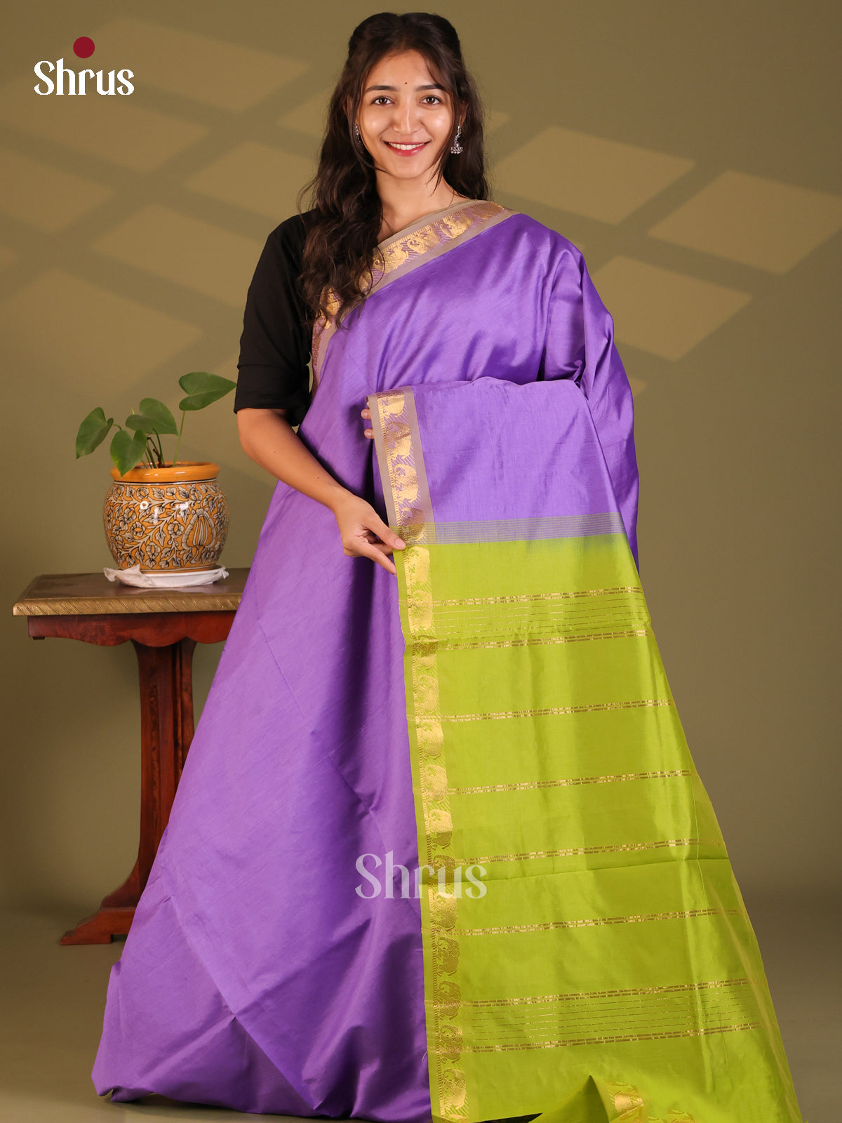 Lavender with Green- Silkcotton-halfpure Saree - Shop on Shrus.com