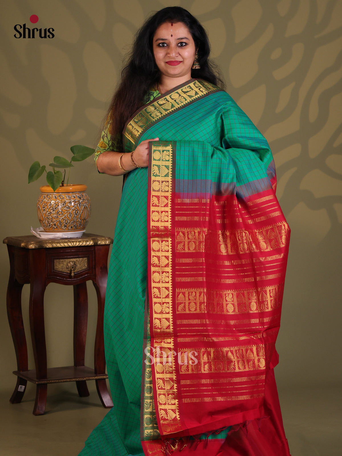 Green with Red- Silkcotton-halfpure Saree - Shop on Shrus.com