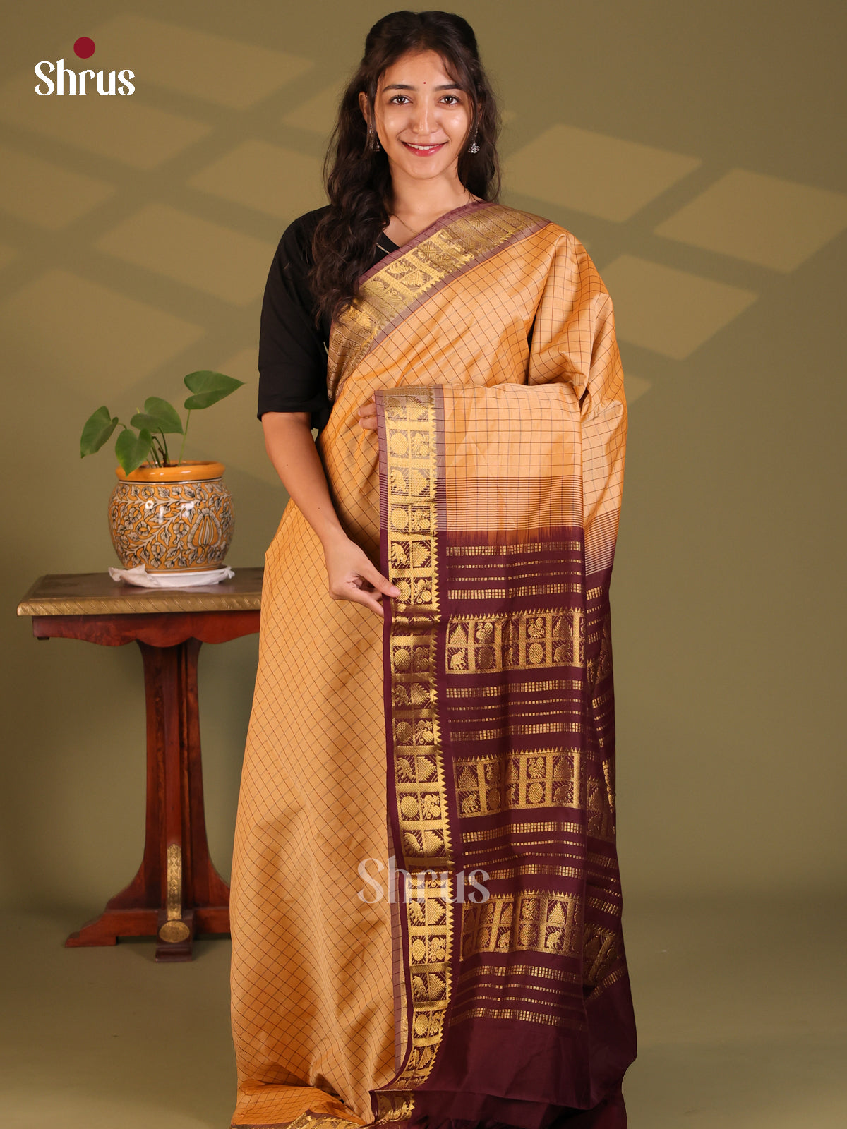 Peach with Brown- Silkcotton-halfpure Saree - Shop on Shrus.com