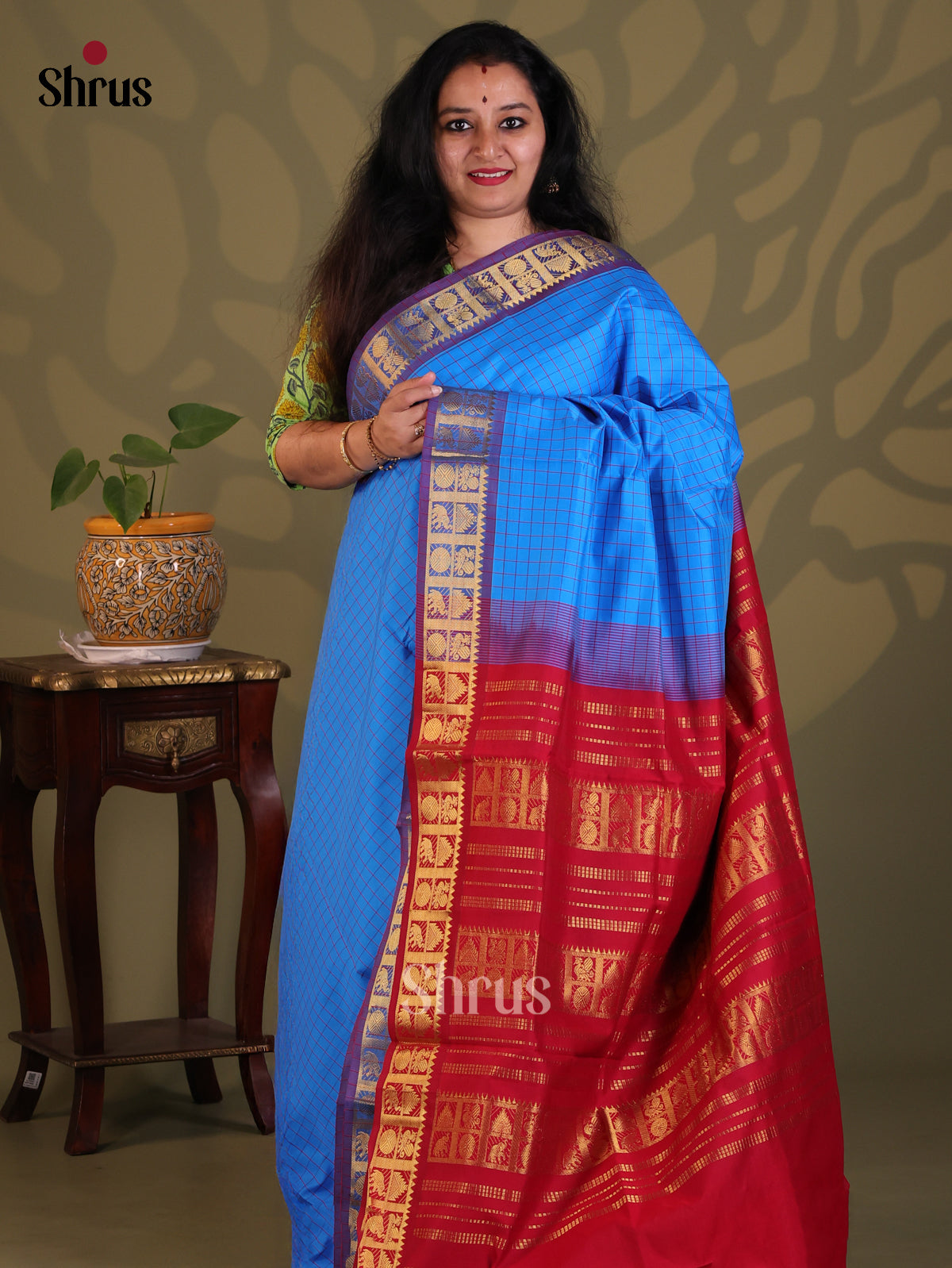 Blue with Red- Silkcotton-halfpure Saree - Shop on Shrus.com
