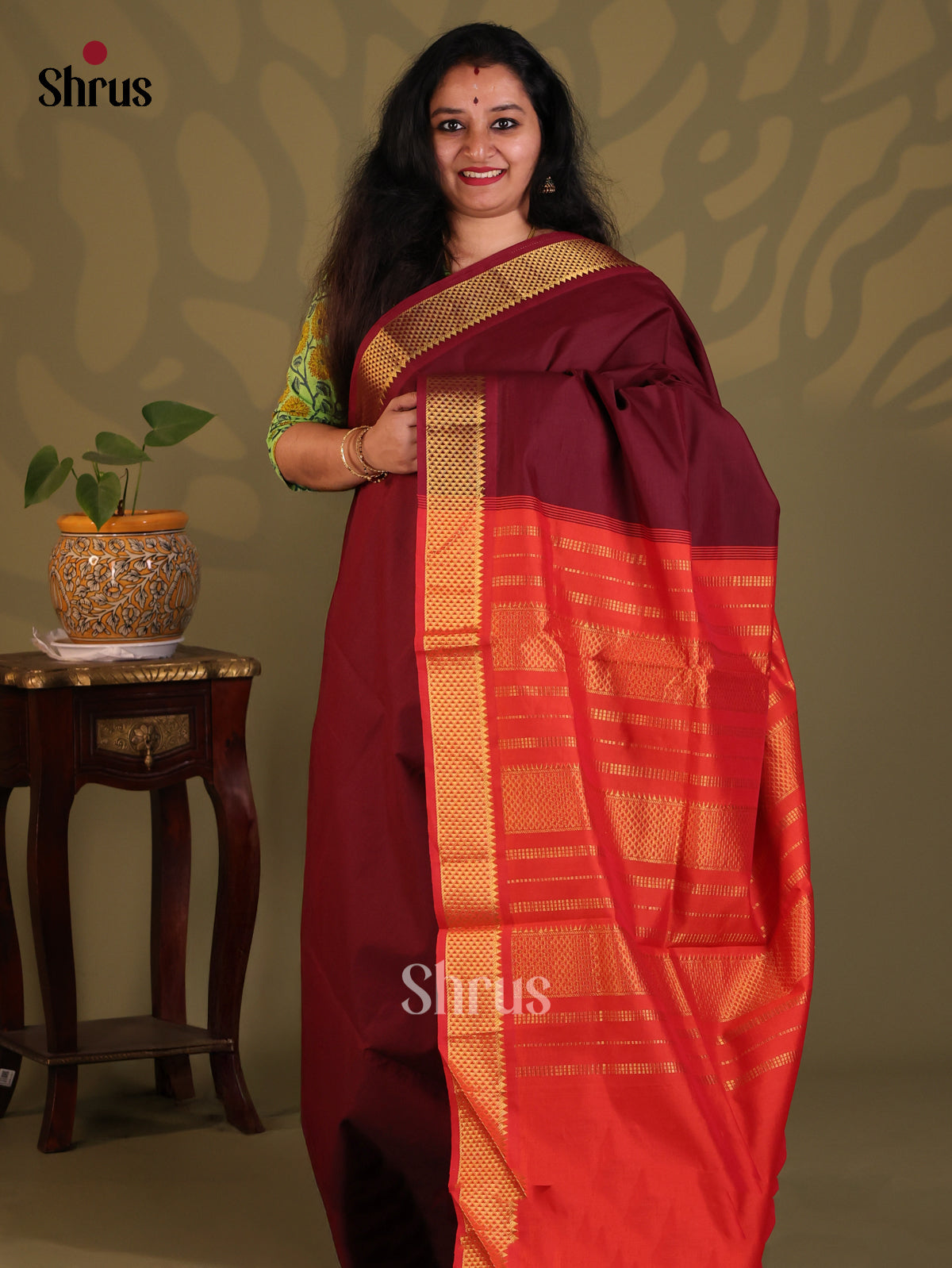 Arakku Maroon with Red- Silkcotton-halfpure Saree - Shop on Shrus.com