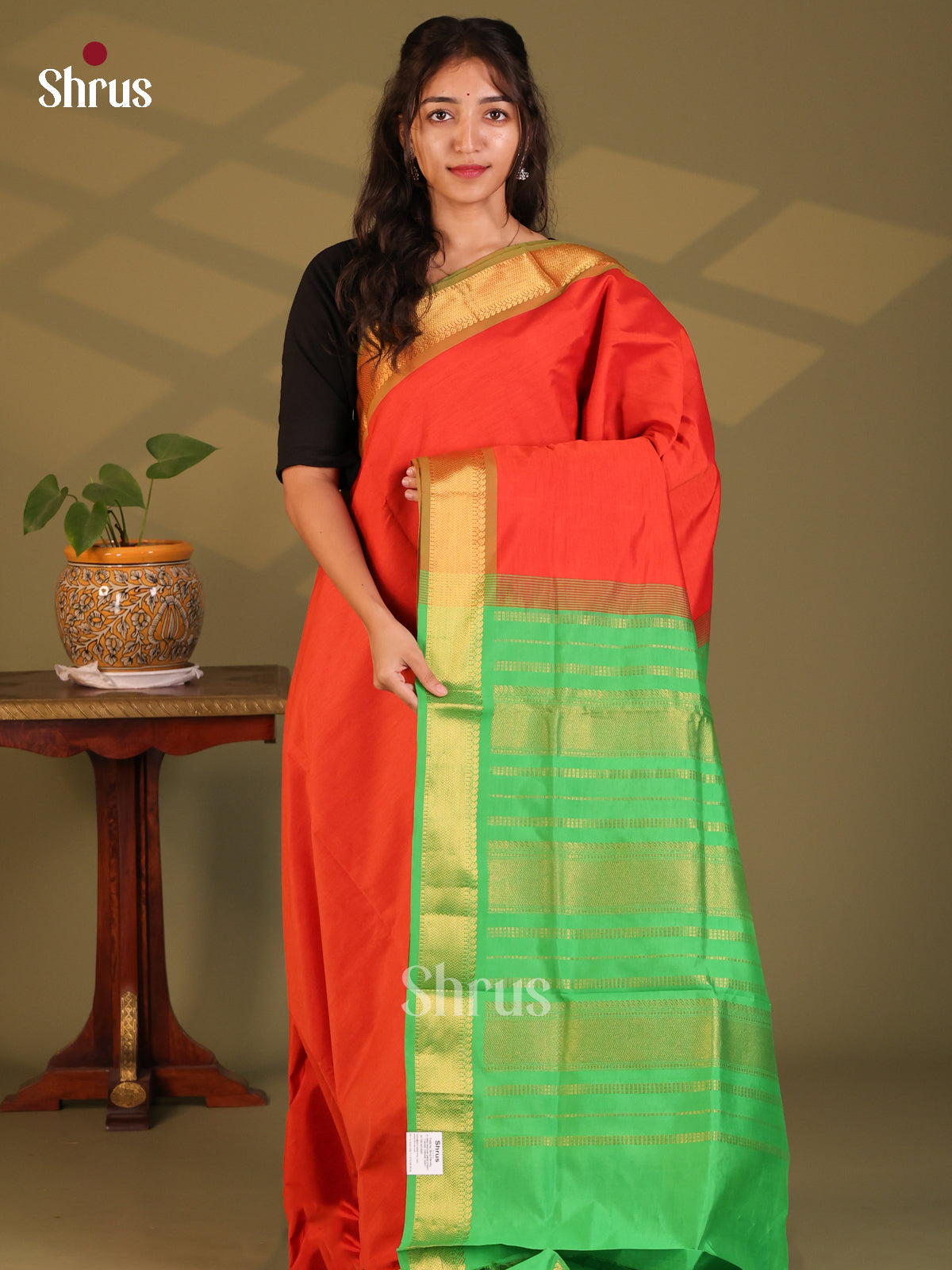 Red with Green- Silkcotton-halfpure Saree - Shop on Shrus.com