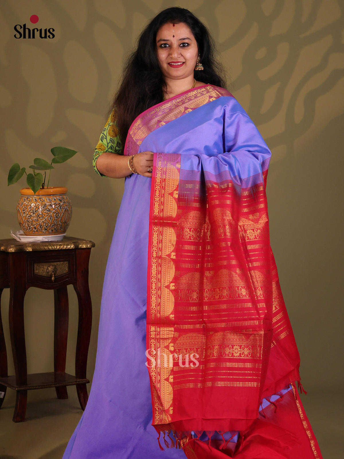 Lavender & Red- Silkcotton-halfpure Saree - Shop on Shrus.com