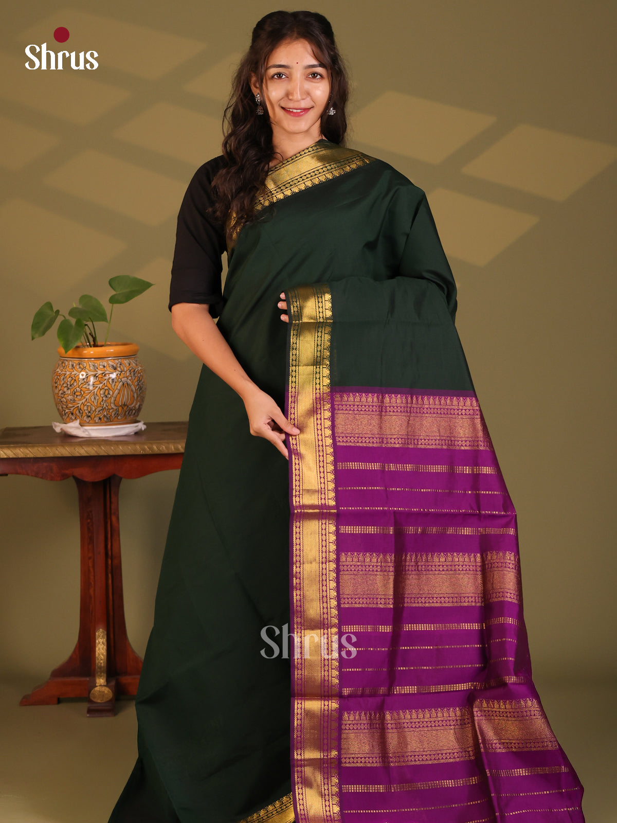 Dark Green with Vadamalli- Silkcotton-halfpure Saree - Shop on Shrus.com