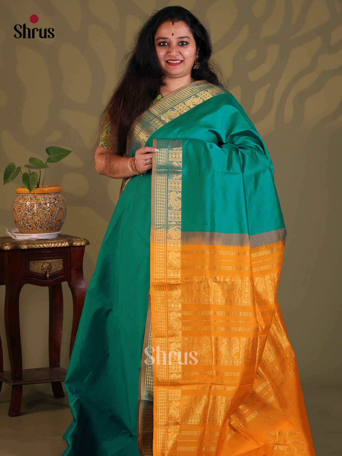 Green with Mustard- Silkcotton-halfpure Saree - Shop on Shrus.com