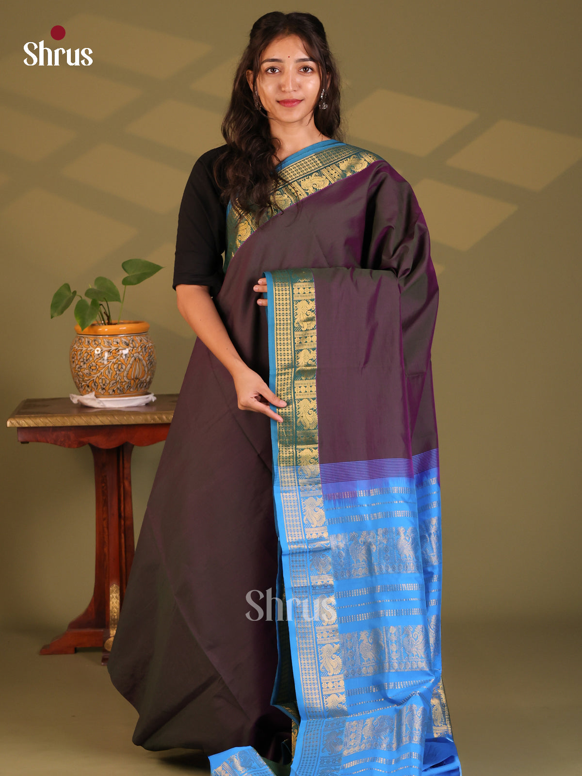 Jamun with Blue - Silkcotton-halfpure Saree - Shop on Shrus.com