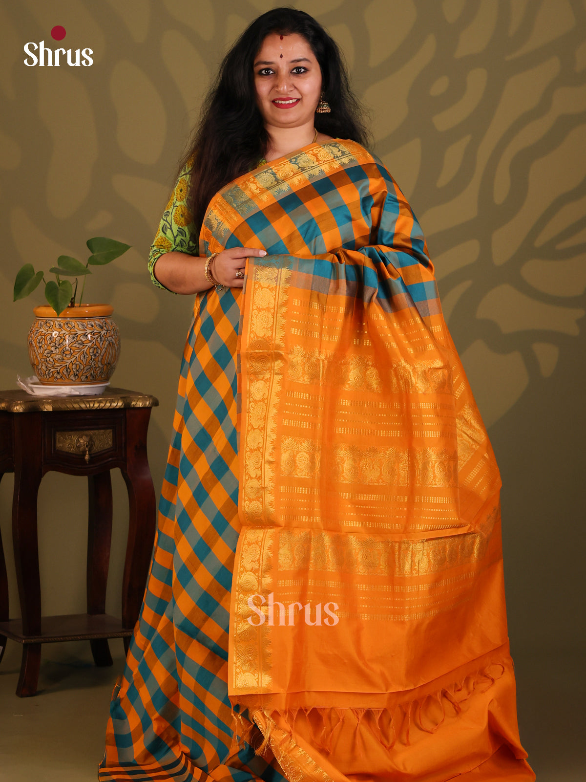 Blue & Mustard - Silkcotton-halfpure Saree - Shop on Shrus.com