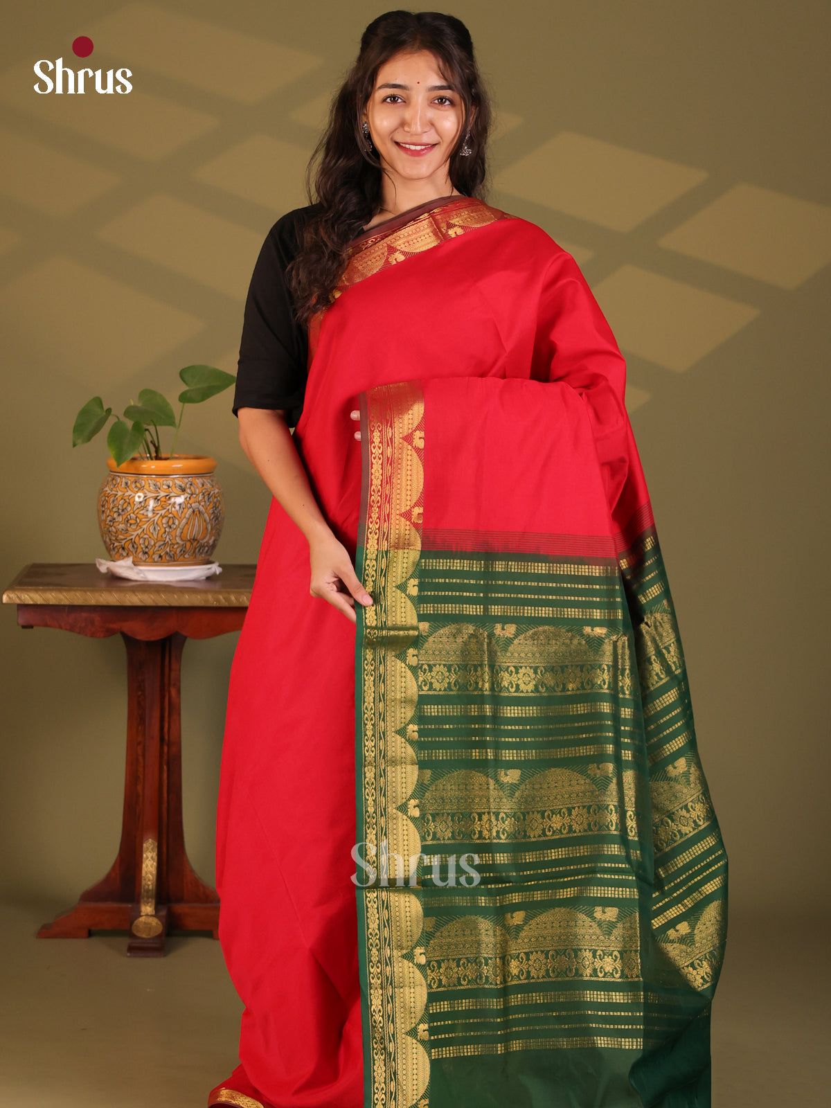 Red with Green - Silkcotton-halfpure Saree - Shop on Shrus.com