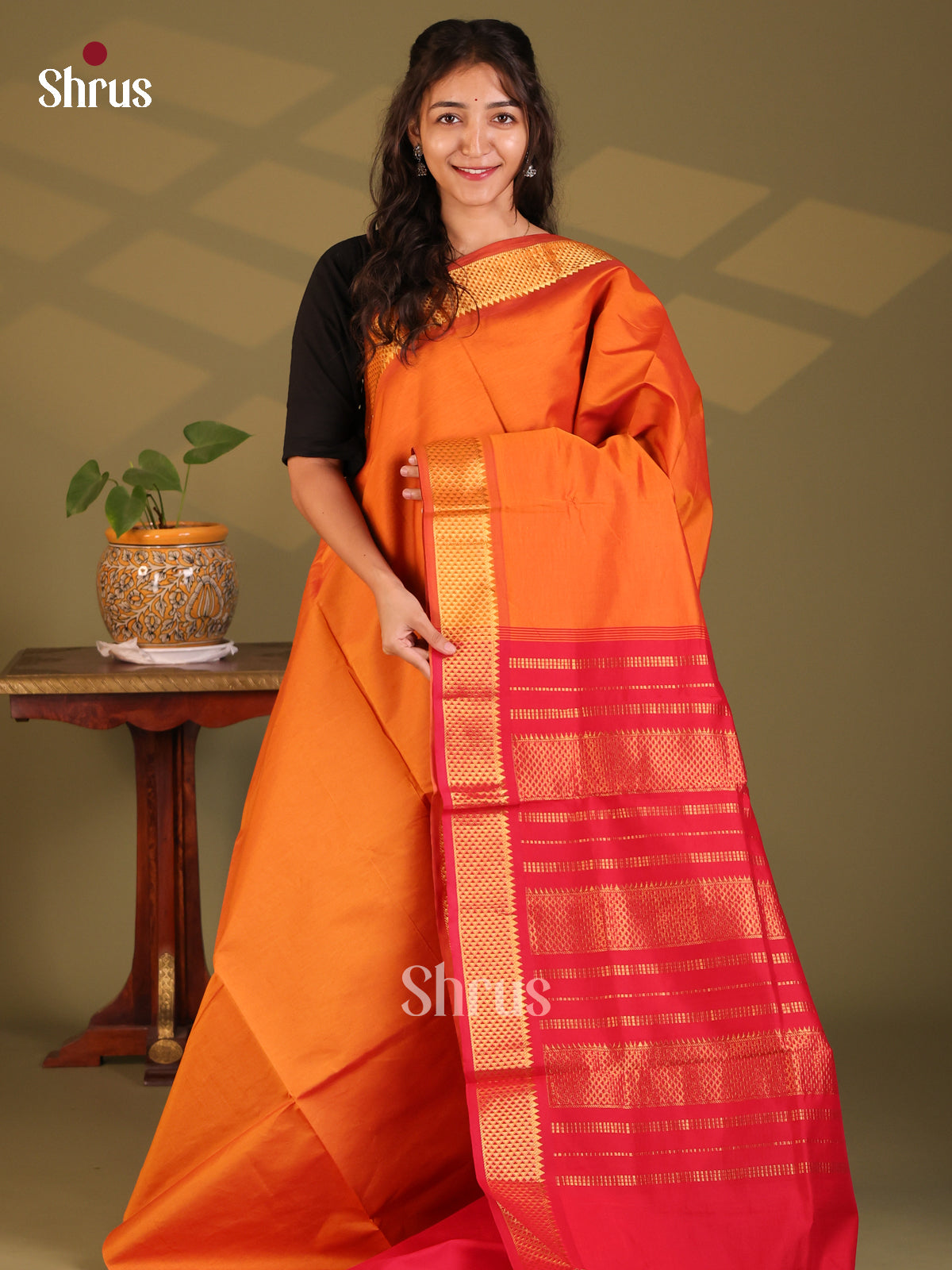 Orange with Red- Silkcotton-halfpure Saree - Shop on Shrus.com