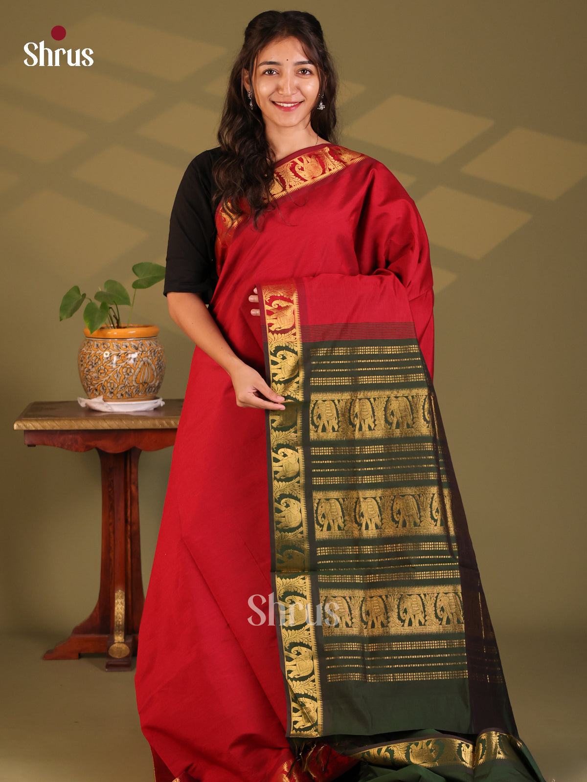 Red with Green - Silkcotton-halfpure Saree - Shop on Shrus.com