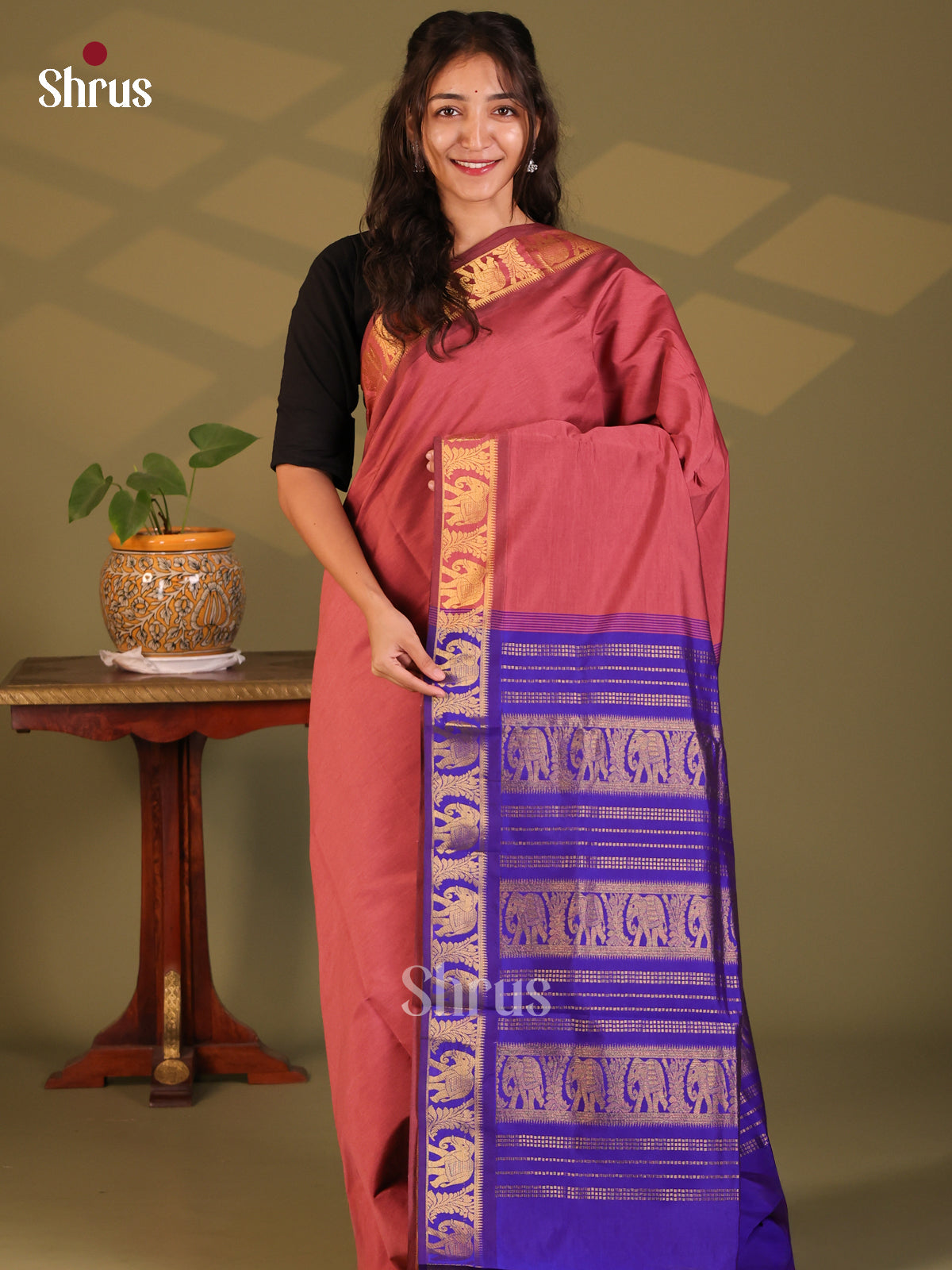 Onion Peel with Blue- Silkcotton-halfpure Saree - Shop on Shrus.com