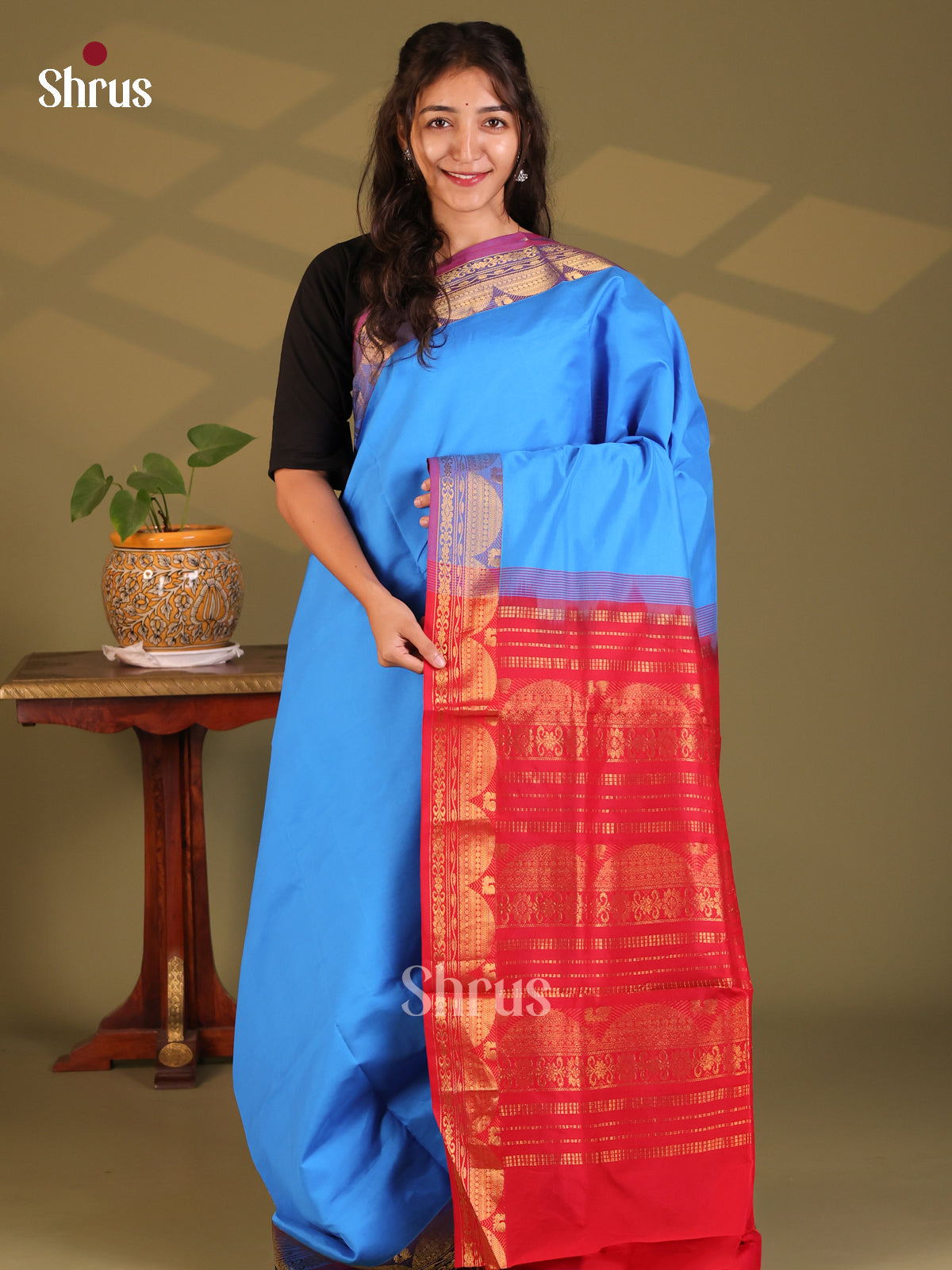Blue with Red - Silkcotton-halfpure Saree - Shop on Shrus.com