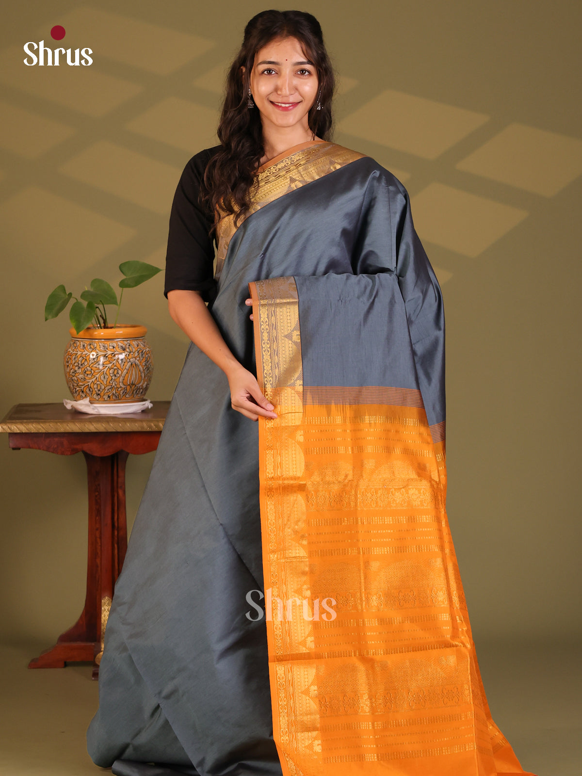 Grey with Mustard - Silkcotton-halfpure Saree - Shop on Shrus.com
