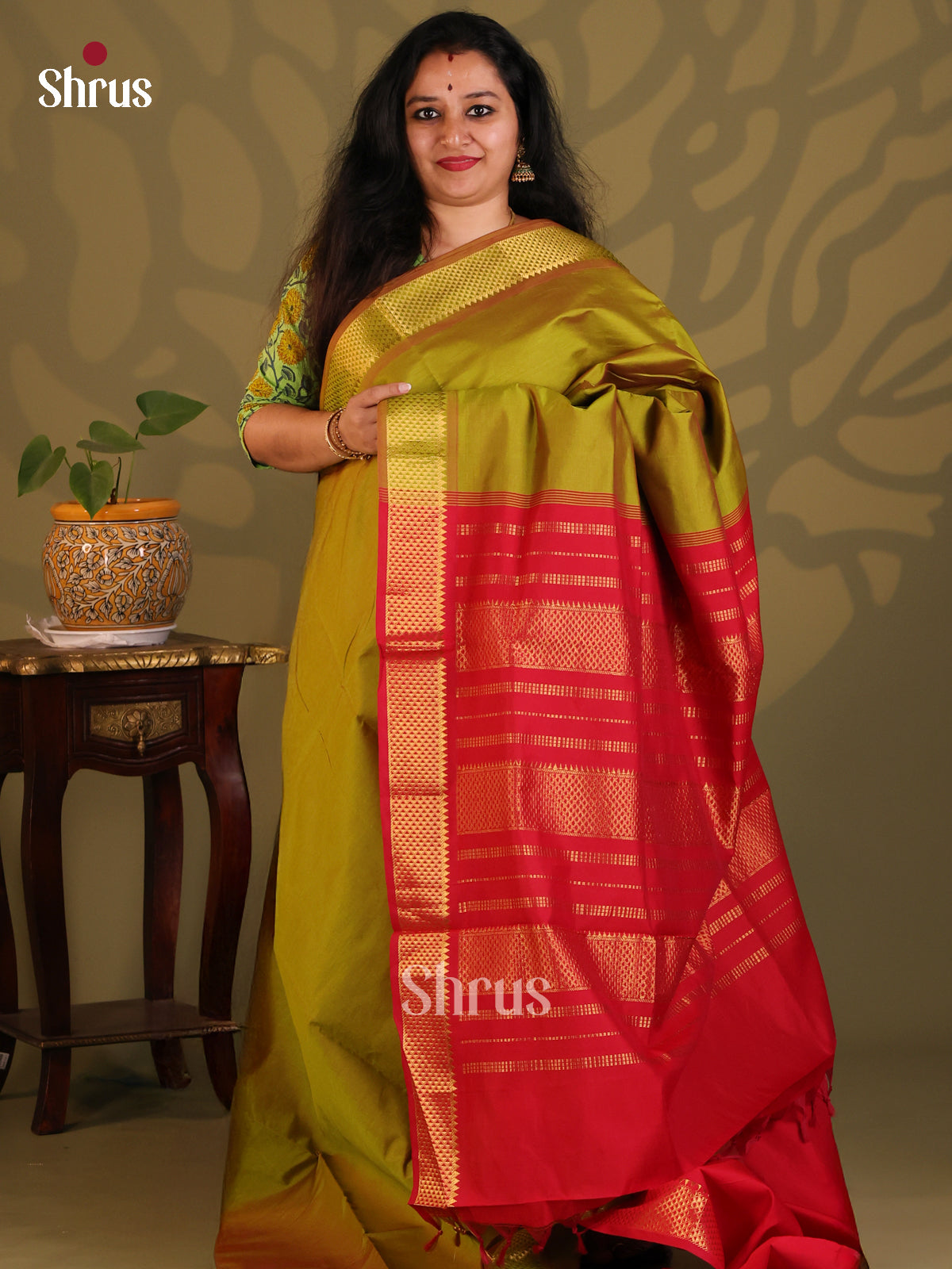 Green with Red- Silkcotton-halfpure Saree - Shop on Shrus.com