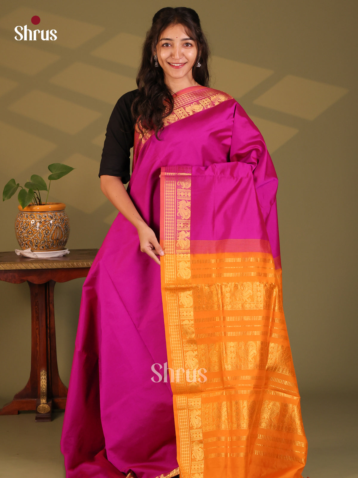 Majenta with Mustard- Silkcotton-halfpure Saree - Shop on Shrus.com