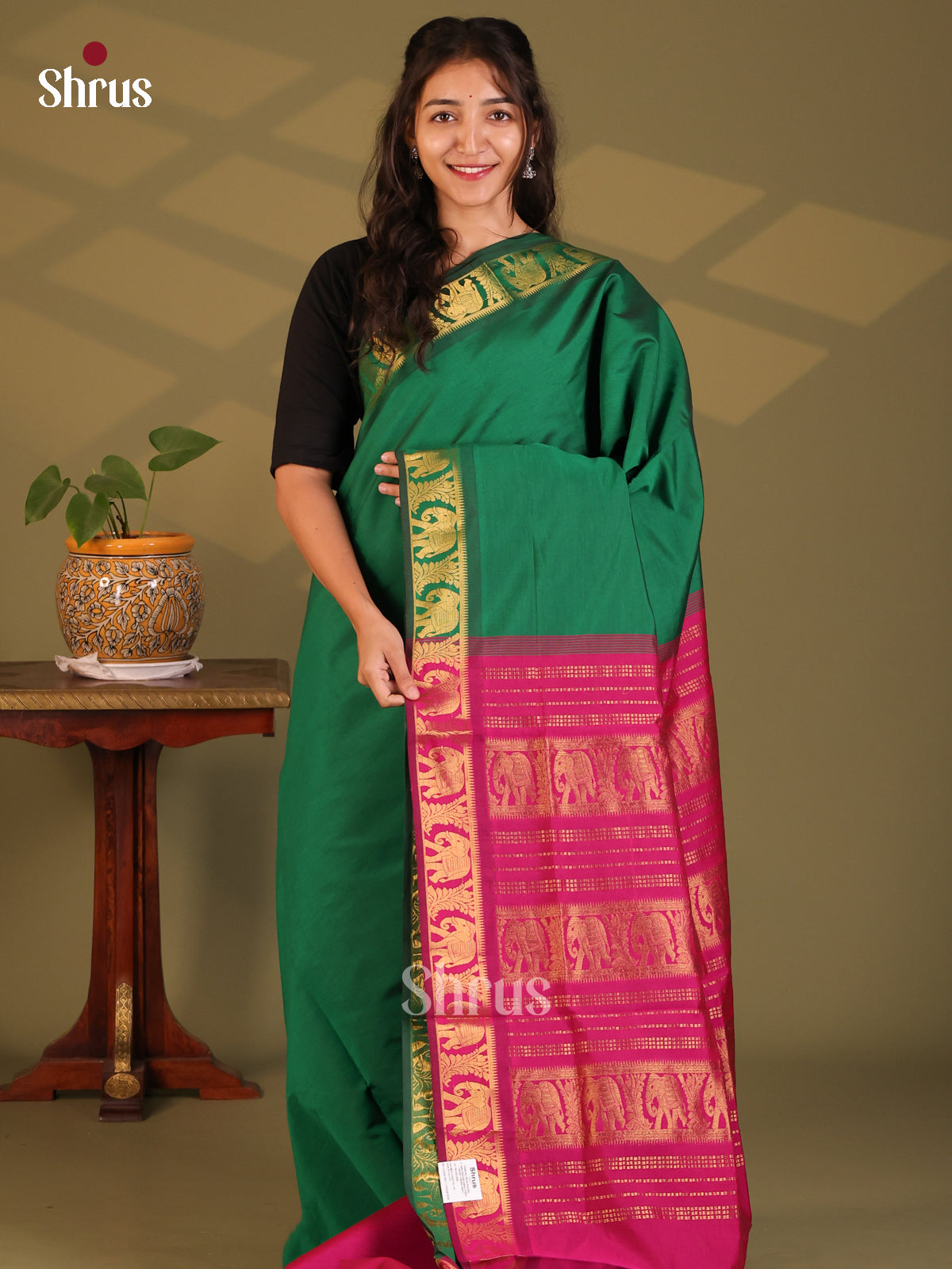 Green with Purple - Silkcotton-halfpure Saree - Shop on Shrus.com