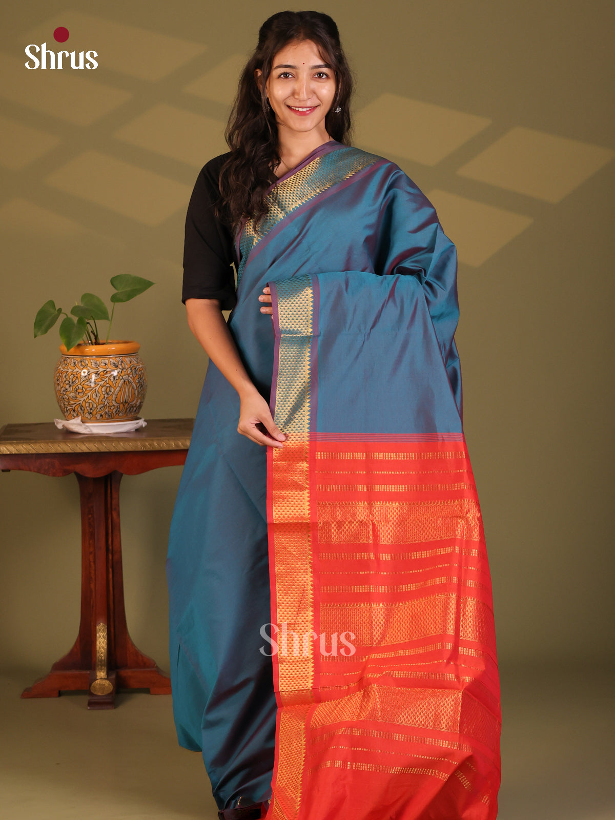 Blue with Red - Silkcotton-halfpure Saree - Shop on Shrus.com