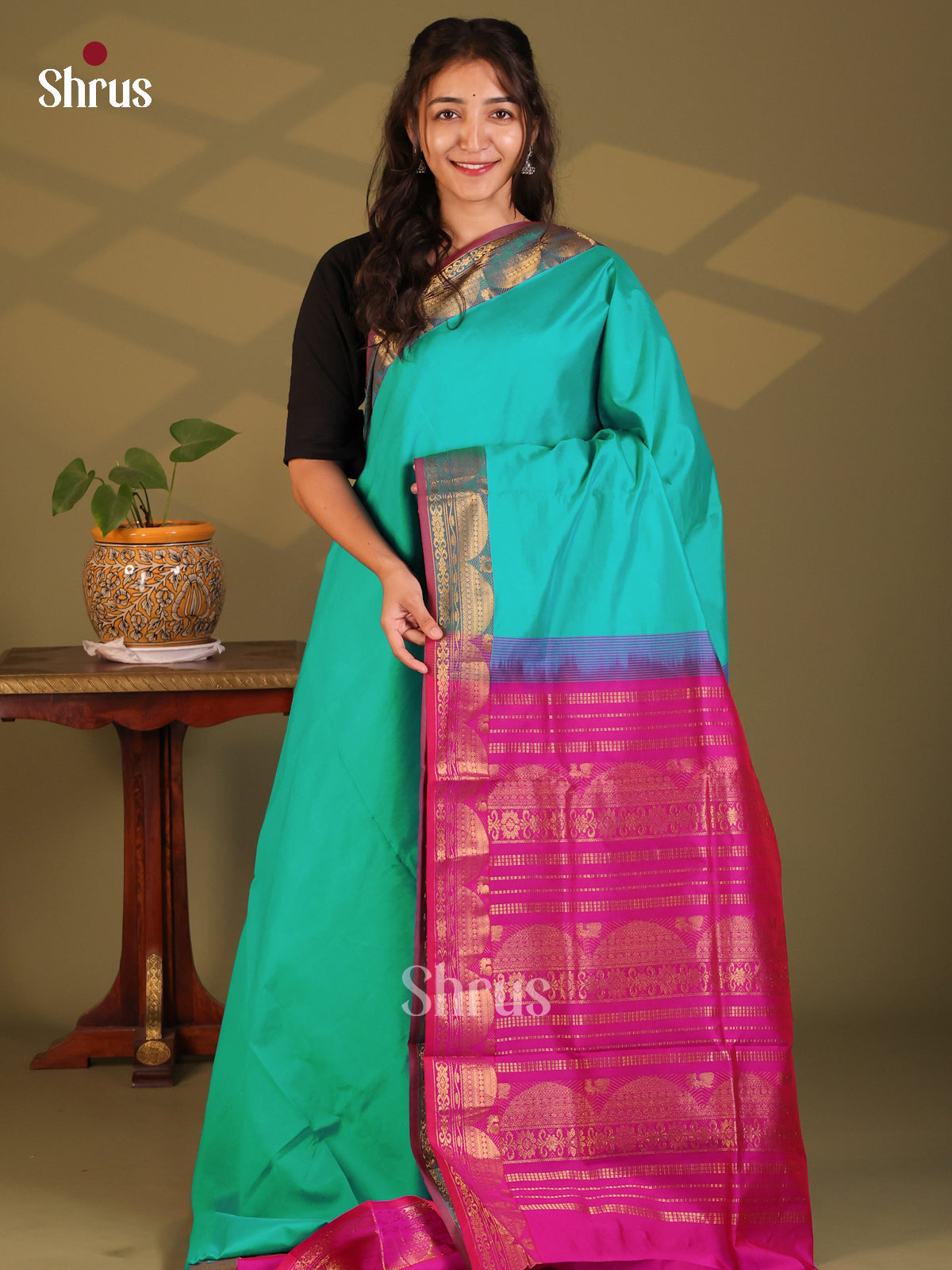 Green with Purple- Silkcotton-halfpure Saree - Shop on Shrus.com