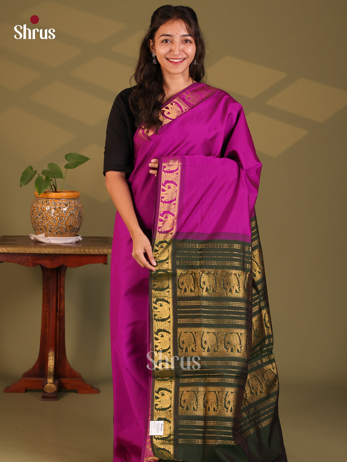 Purple with Green - Silkcotton-halfpure Saree - Shop on Shrus.com