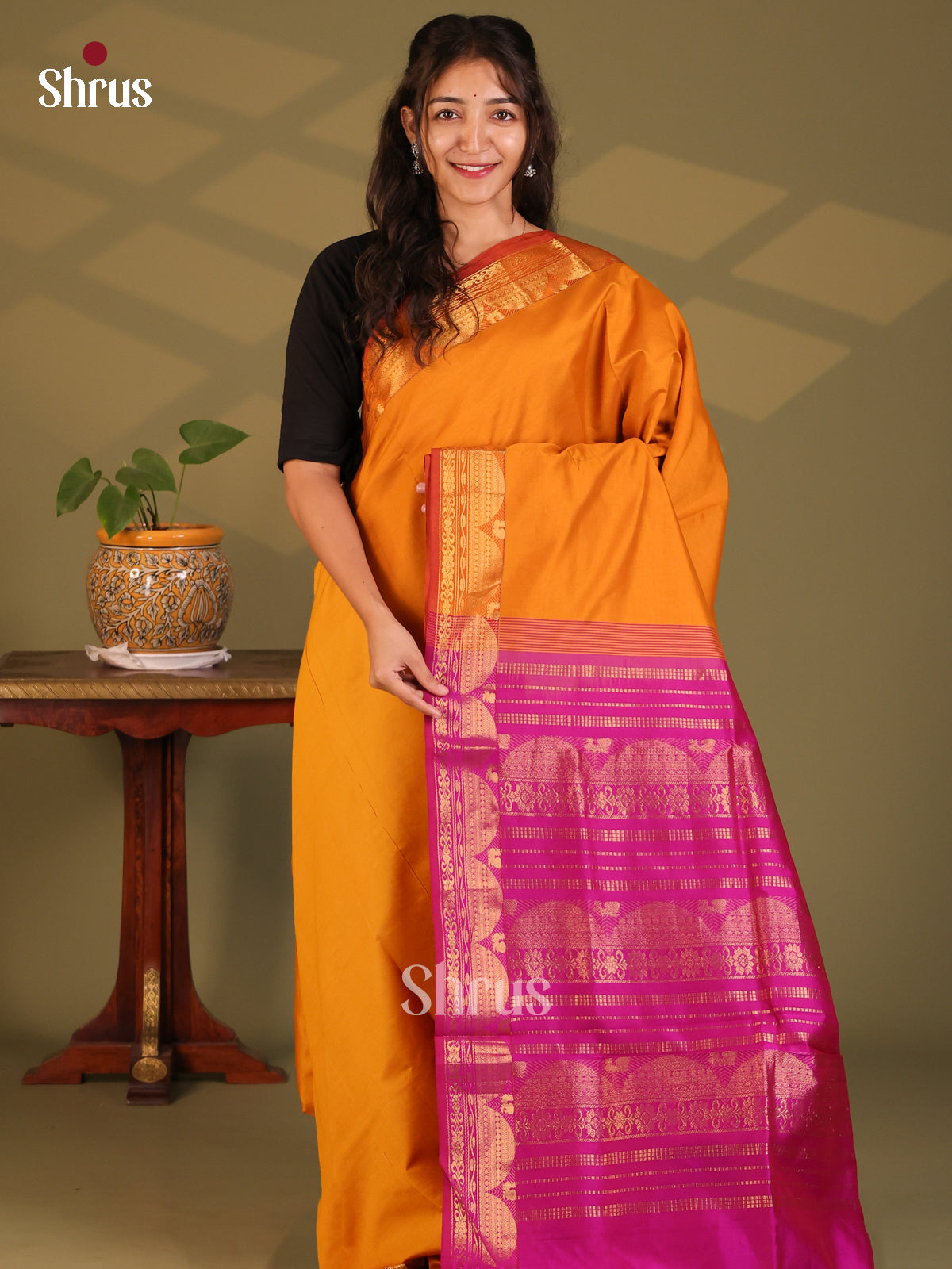 Brick Orange with Purple- Silkcotton-halfpure Saree - Shop on Shrus.com