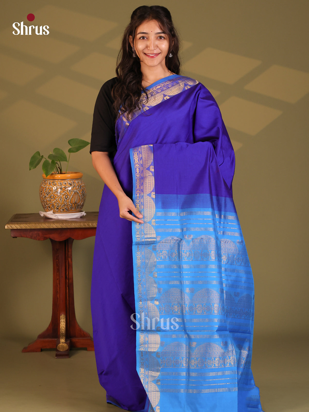 Blue with Teal- Silkcotton-halfpure Saree - Shop on Shrus.com