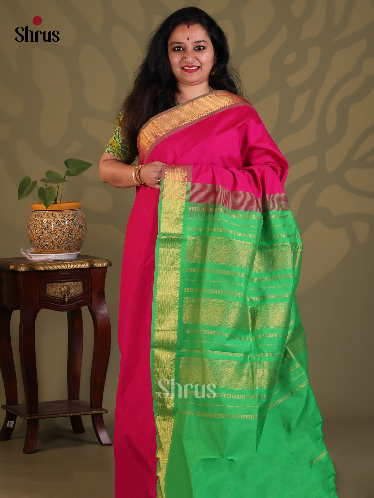 Pink with Green- Silkcotton-halfpure Saree - Shop on Shrus.com