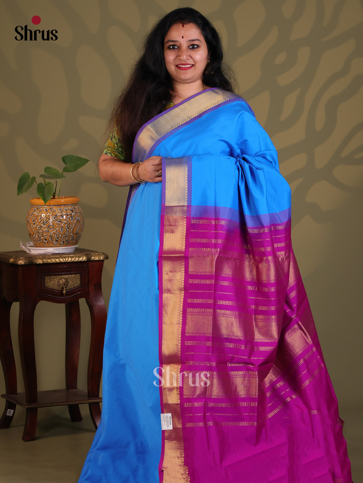 Blue with Majenta- Silkcotton-halfpure Saree - Shop on Shrus.com