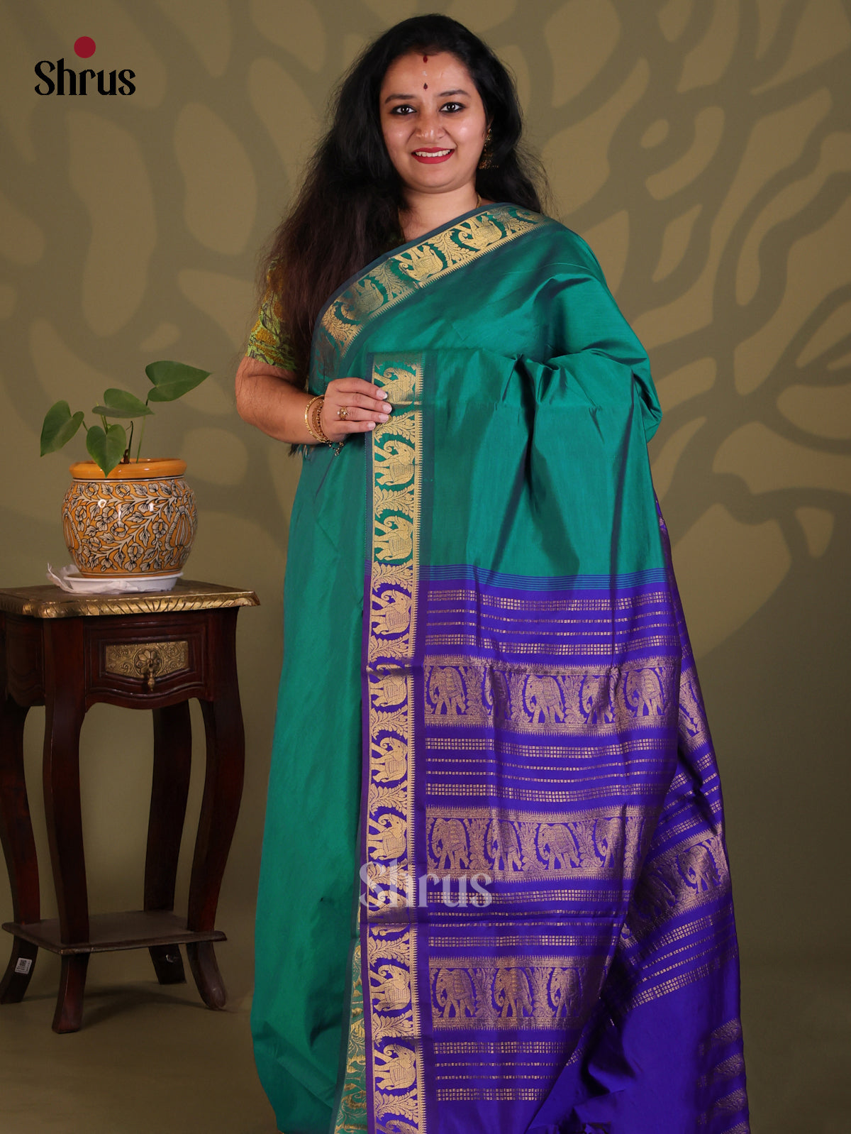 Green with Blue- Silkcotton-halfpure Saree - Shop on Shrus.com