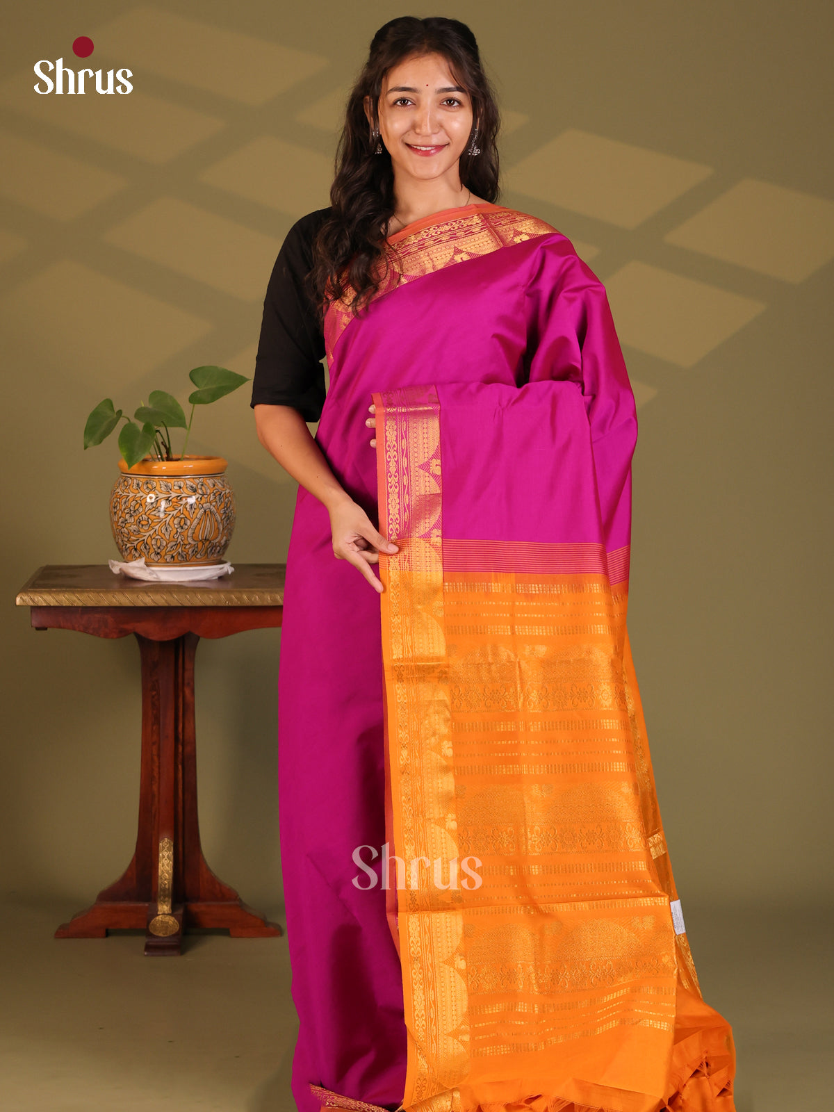 Majenta with Mustard- Silkcotton-halfpure Saree - Shop on Shrus.com