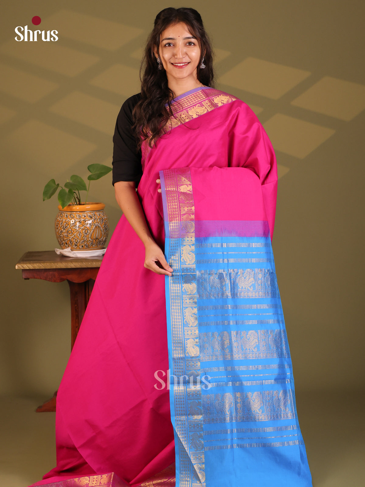 Pink & Blue- Silkcotton-halfpure Saree - Shop on Shrus.com
