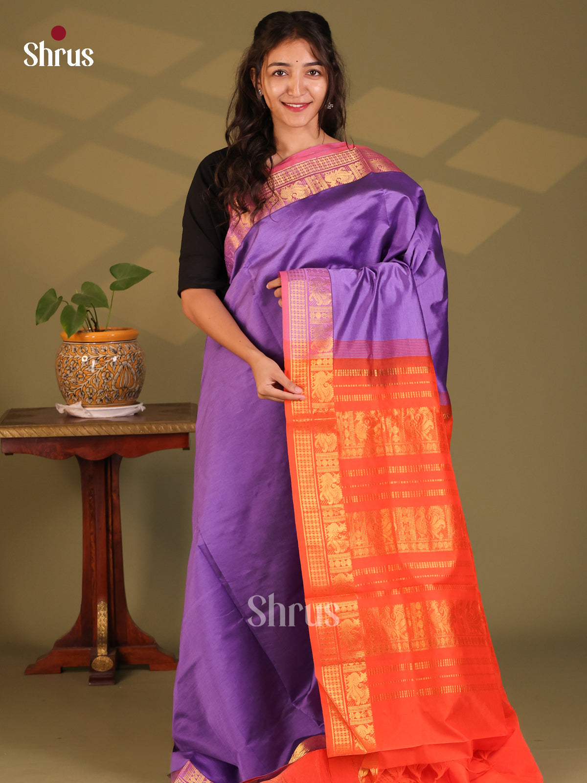 Lavender with Red - Silkcotton-halfpure Saree - Shop on Shrus.com