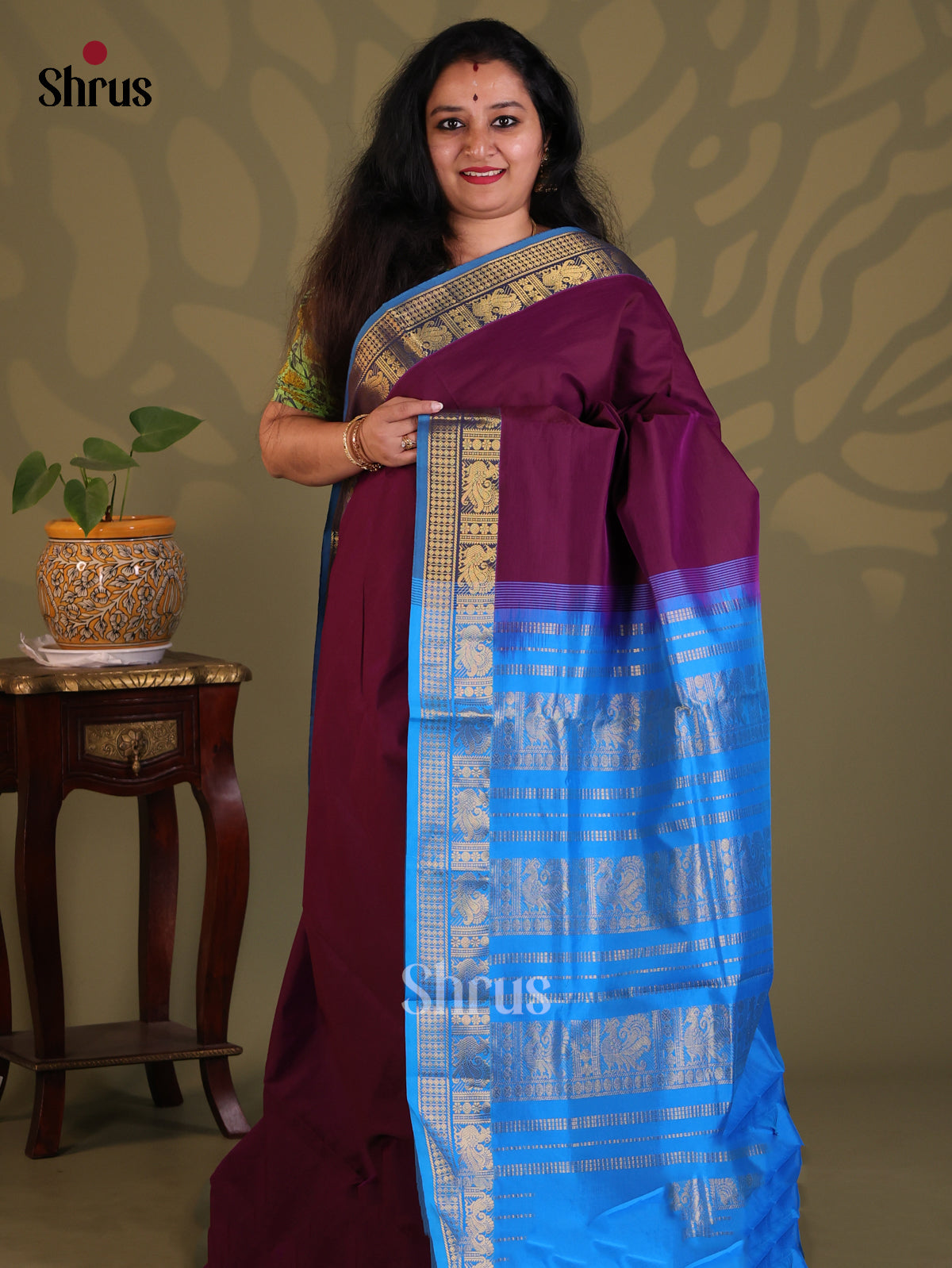 Dark Purple with Blue- Silkcotton-halfpure Saree - Shop on Shrus.com