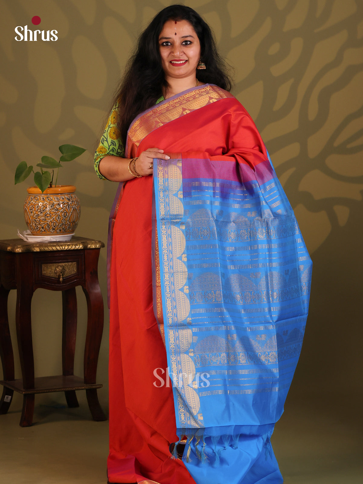 Red with Blue - Silkcotton-halfpure Saree - Shop on Shrus.com