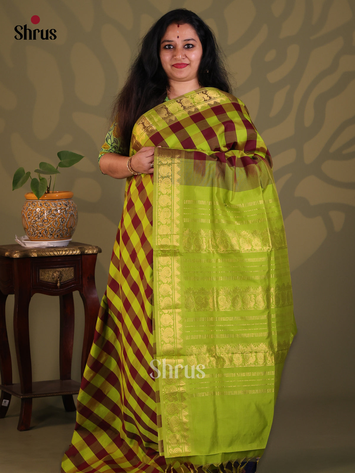 Lite Green & Maroon - Silkcotton-halfpure Saree - Shop on Shrus.com